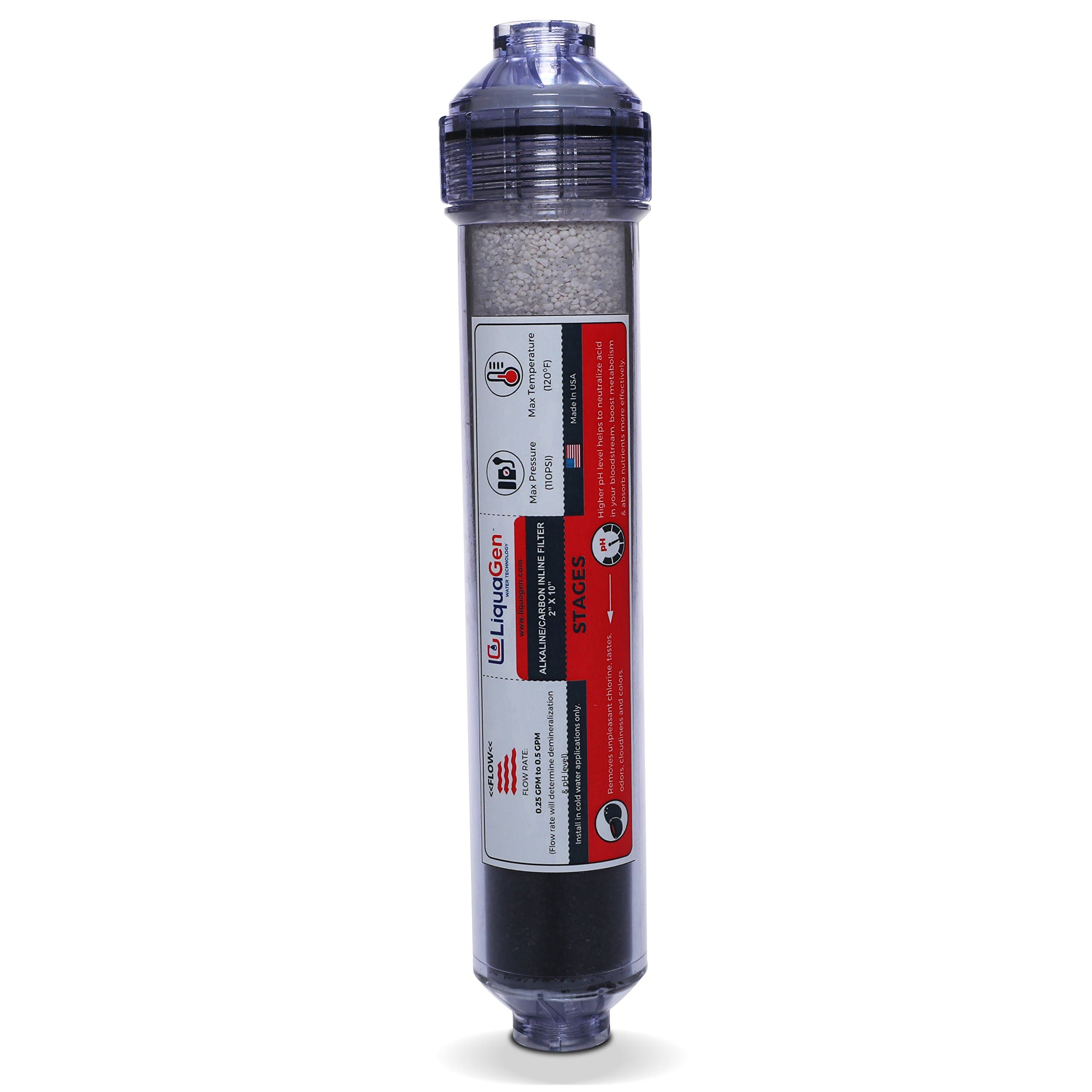 10" Alkaline + Catalytic Carbon High Purity pH+ Calcium Carbonate Inline Filter Kit For Reverse Osmosis Under Sink Water Filter Systems (Stage 5) | USA MADE