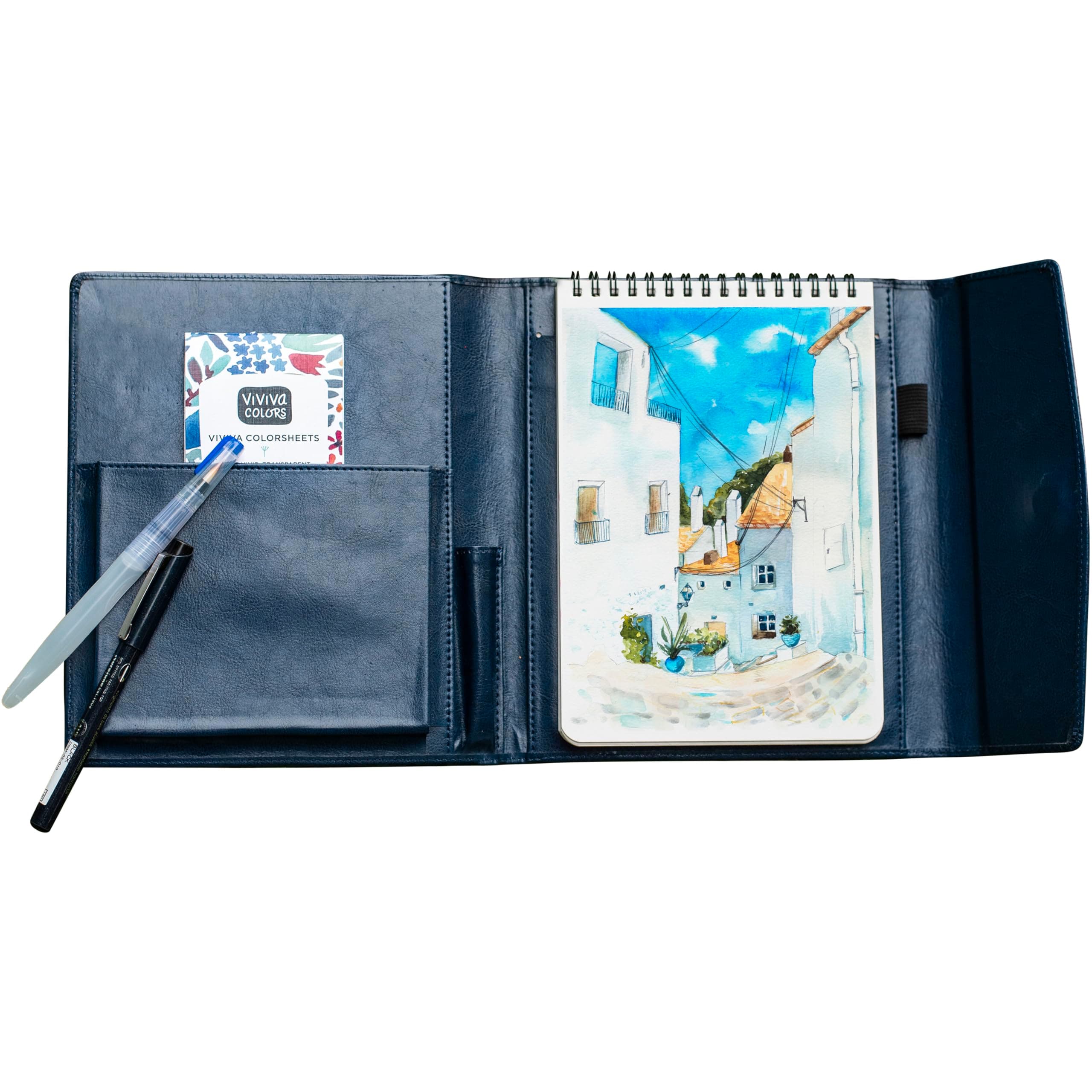 Viviva VV276054 Watercolour Travel Set A5, Faux Leather - Case with 16 Vibrant Watercolour Paints, Water Tank Brush, Black Marker in 0.5 mm and Sketchbook with 24 Sheets of 200 g/m² in Size - A5