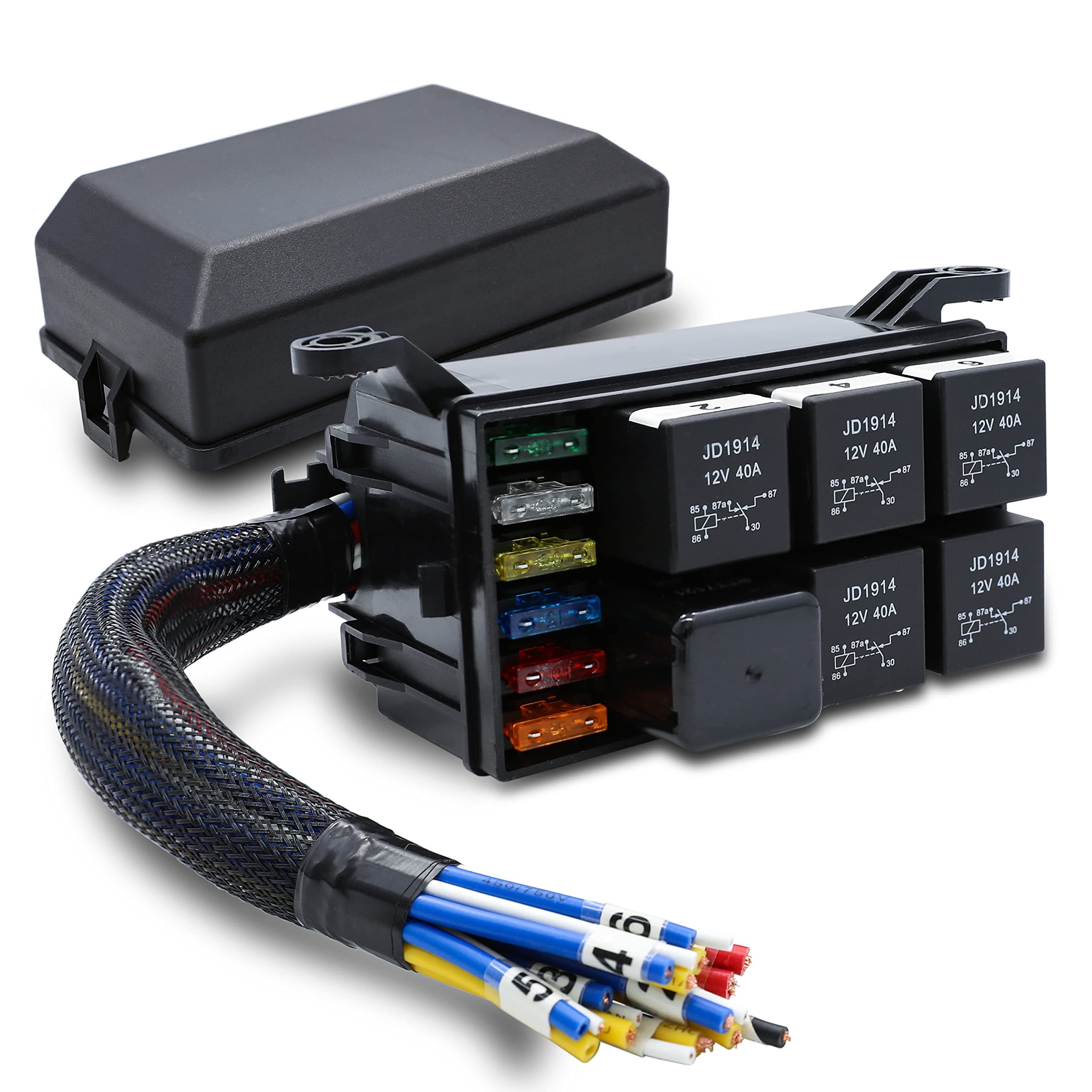 12V Automotive Fuse and Relay Box, with Pre-Wires, Waterproof Fuse Relay Block, Universal Fuse Block and Relay Kit for Cars Trucks Marine Boat