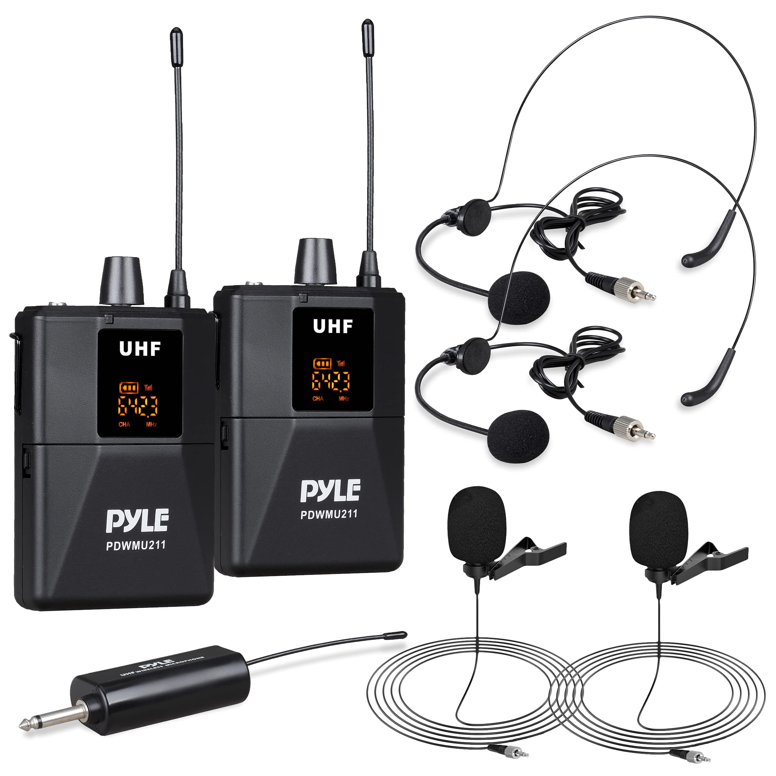 Dual UHF Microphone System - Portable Professional Cordless Microphone Set Wireless Mic Kit w/Headset / Lavalier Mic, Beltpack Transmitter, Receiver - Karaoke & Conference - Pyle PDWMU211,Black