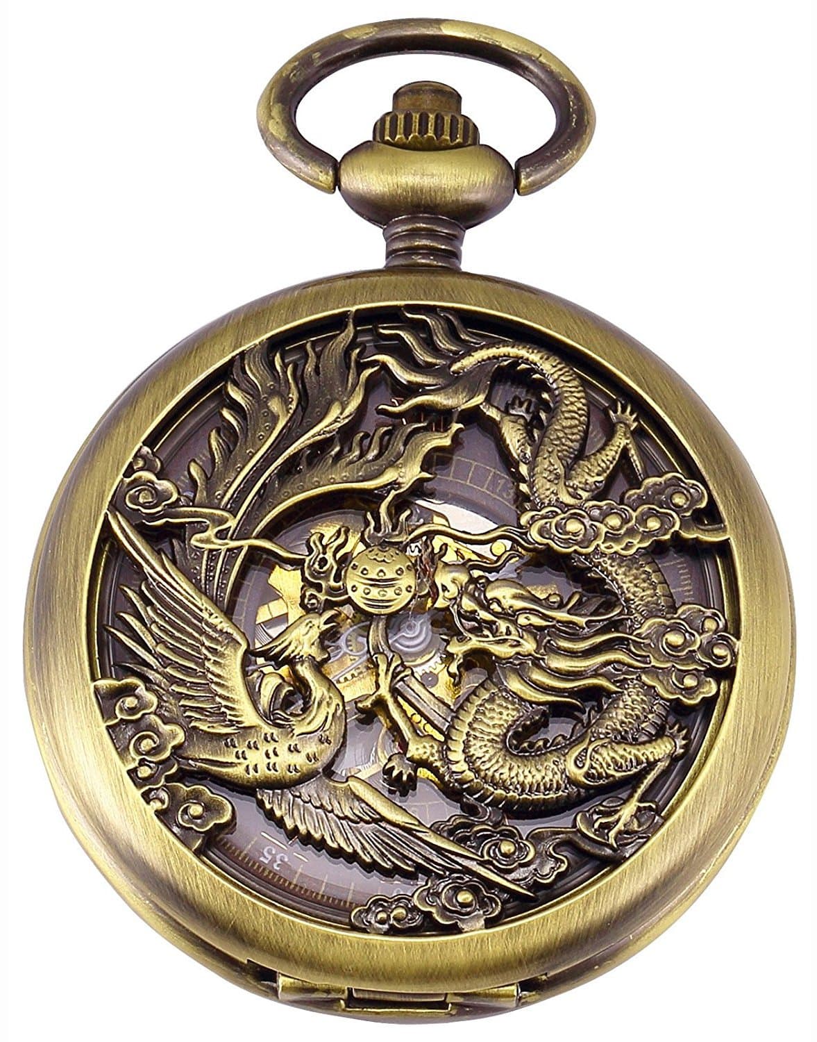 Carrie Hughes Lucky Dragon Phoenix Pocket Watches with Chain and Box CH223