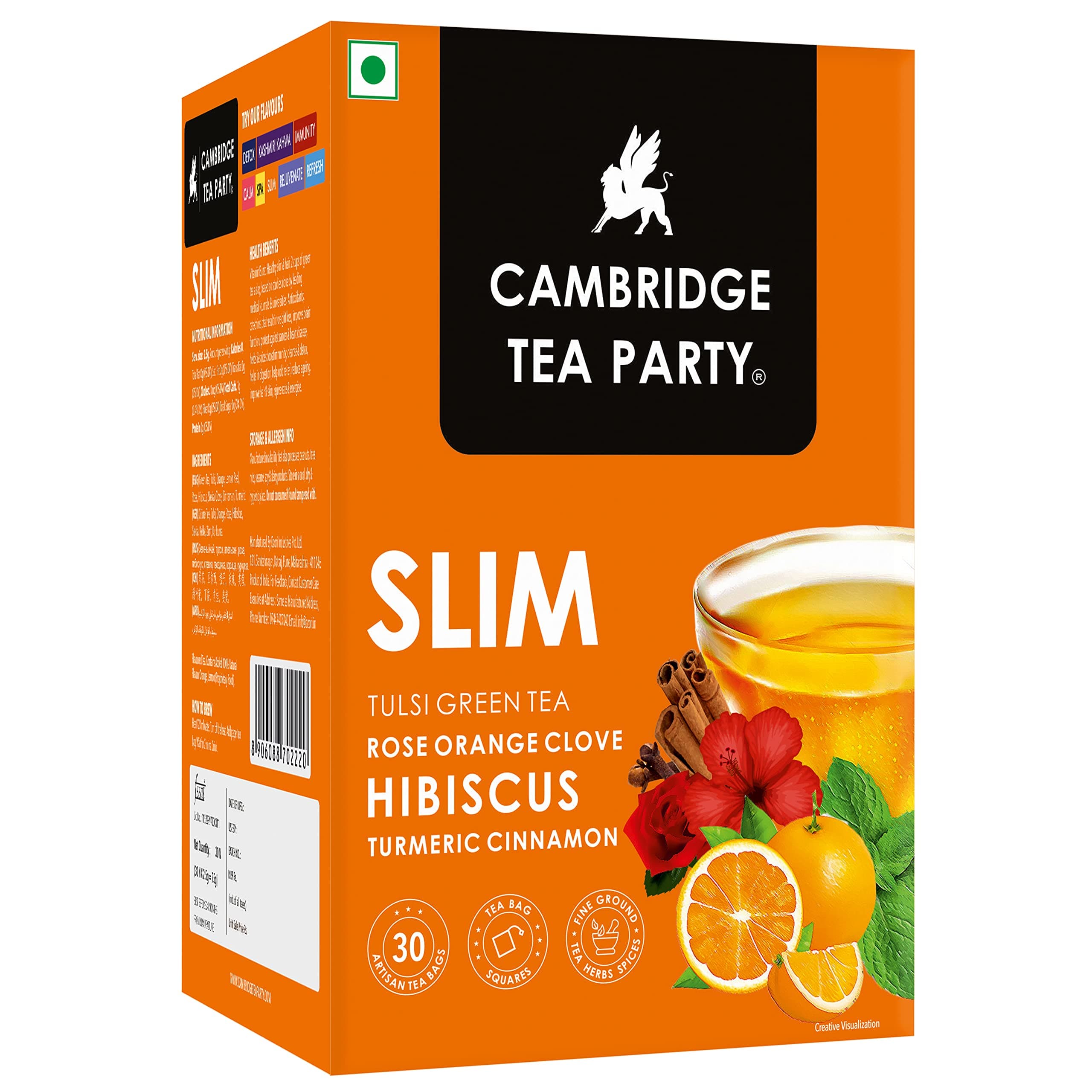 Slim 30 Tea Bags, Hibiscus Clove Orange Rose Turmeric Cinnamon Tulsi Green Tea (immunity booster with natural vitamins, cleanse, cold relief, weight loss, slim, skin glow)