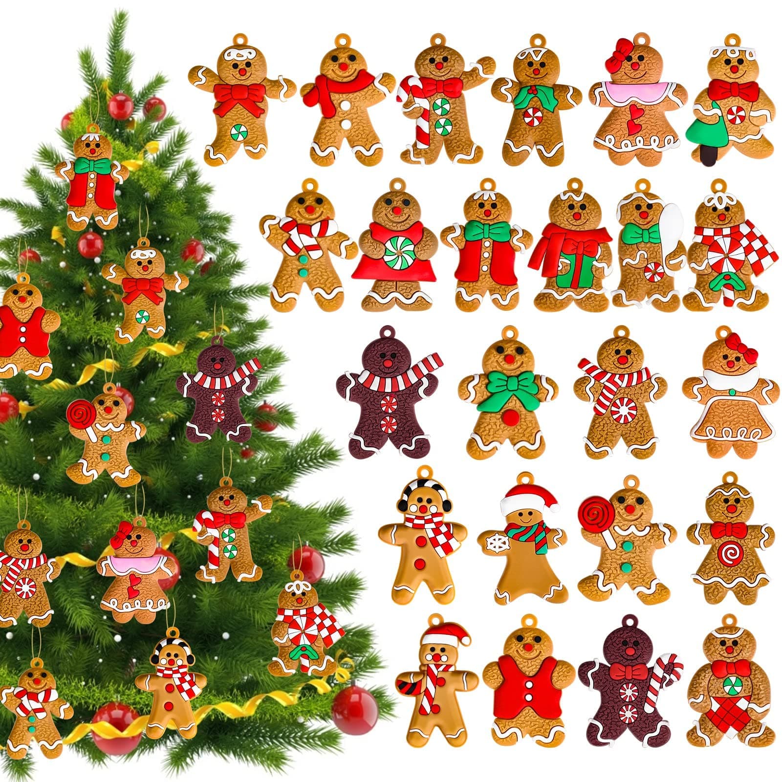 Christmas Tree Decorations 24Pcs Gingerbread Man Ornaments Mini Gingerbread Hanging Charms Decorative Hanging Ornaments Christmas Gingerbread House Decor Christmas Holiday Indoor Decorations