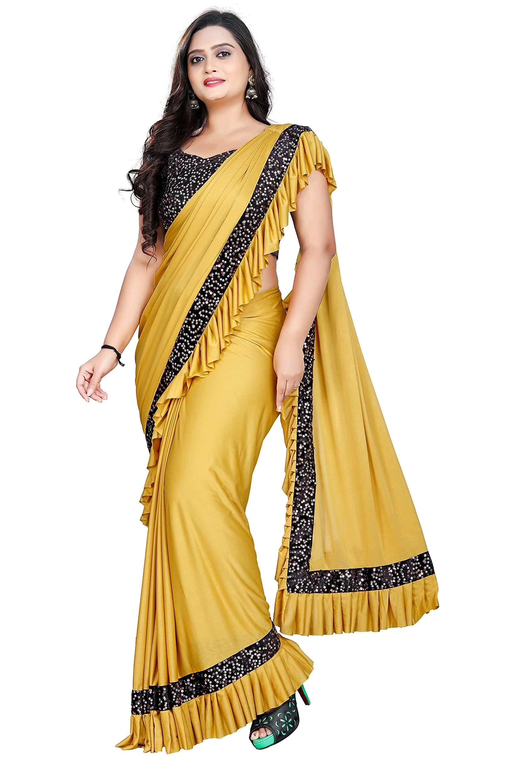 HARPITA Women's Lycra Readymate Saree With Sequin Border And stitched Blouse Piece