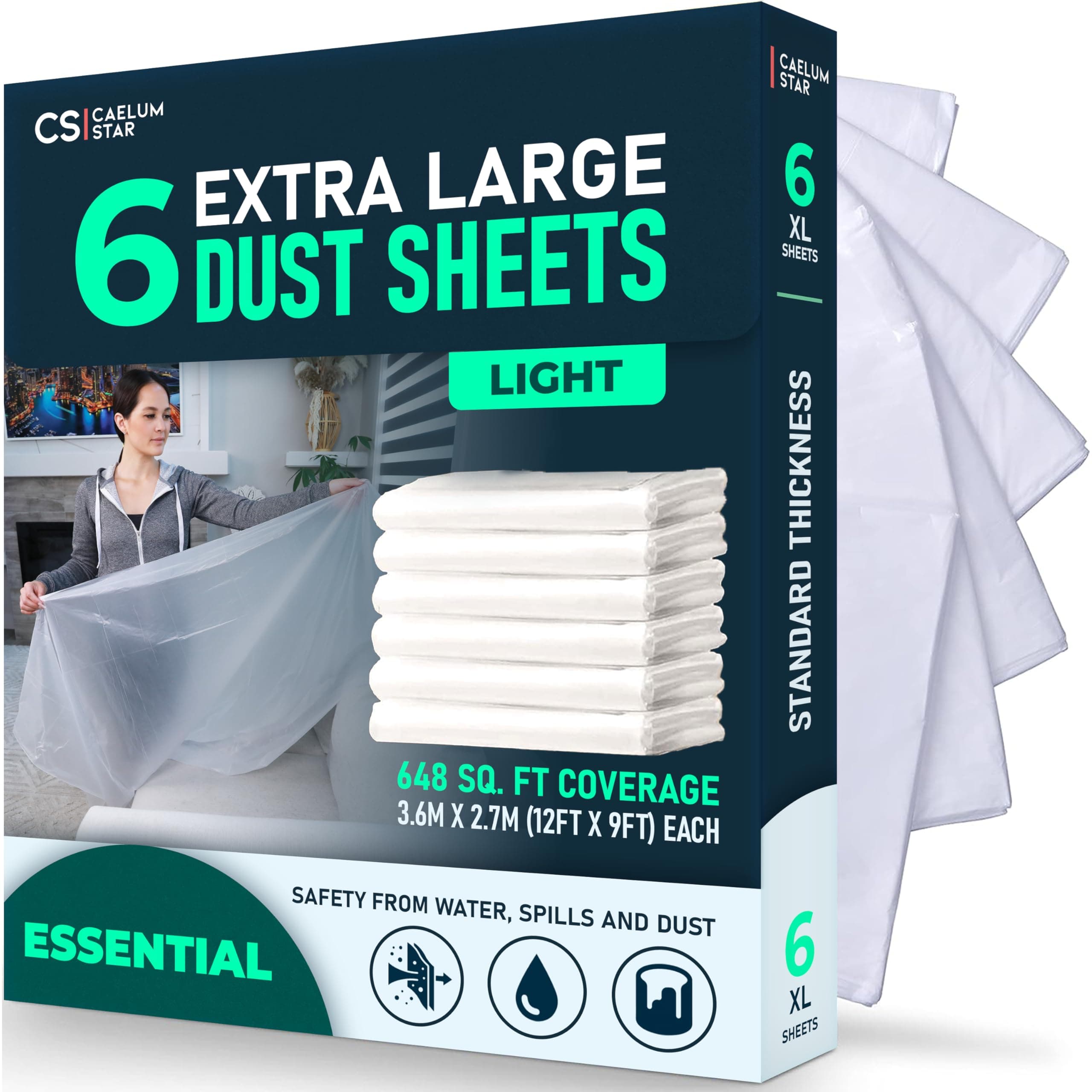 CS 6 Pack Extra Large Plastic Dust Sheets for Decorating 3.6 x 3m (12 x 10ft), Dust Sheet for Painting & Furniture, 17 Micron Plastic Sheet-Plastic Sheeting-Dust Sheets for Painting-Polythene Sheeting