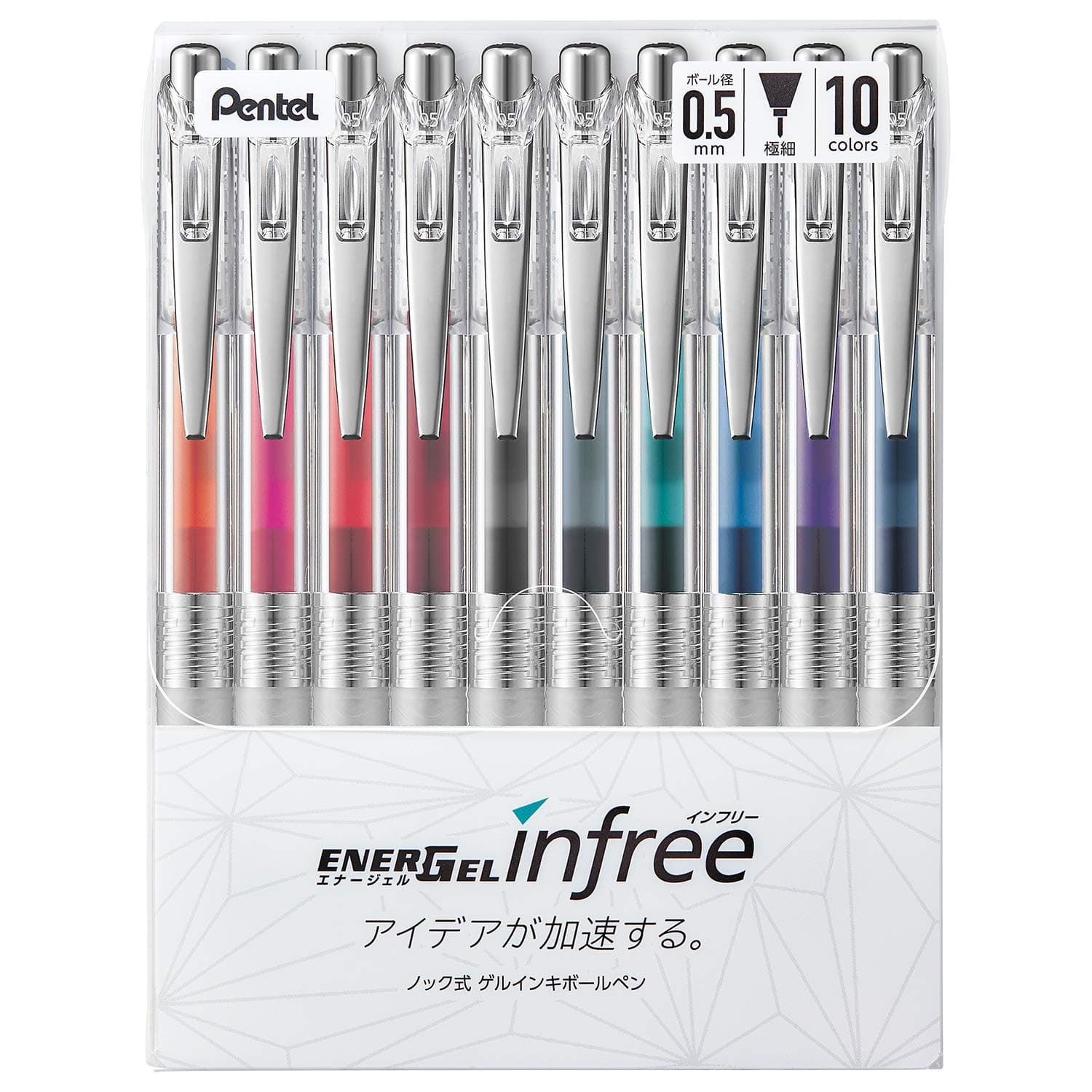 Gel Ink Ballpoint Pen, EnerGel, Infree, 0.5mm, Clear Body, BLN75TL-10, 10 Colors