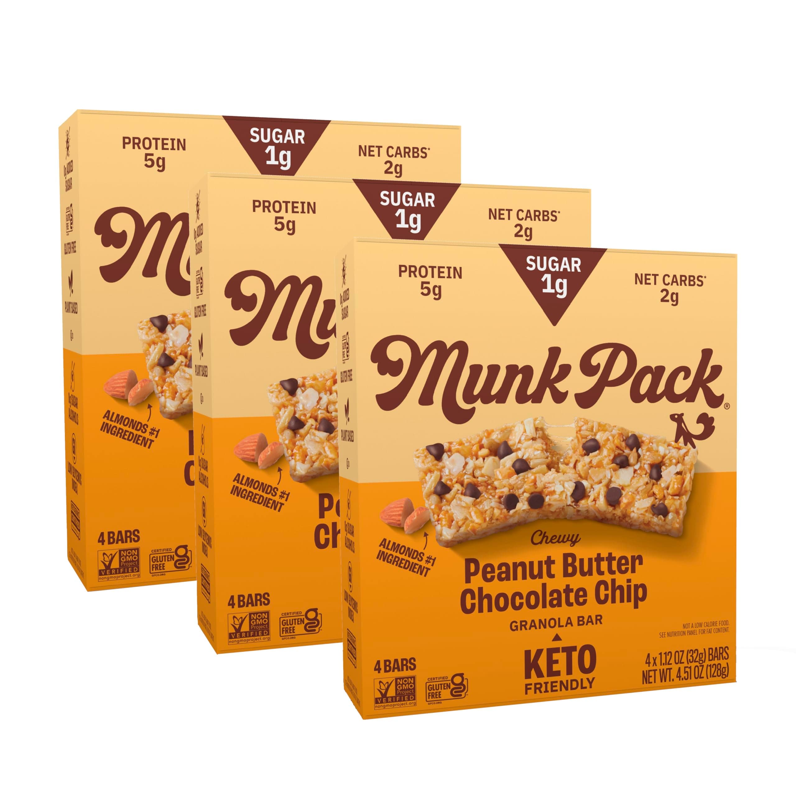 Munk Pack Chewy Granola Bars - 5g Protein, 1g Sugar with Allulose, 2g Net Carbs, Low Sugar, Gluten Free and Low Glycemic Snacks With Peanut Butter Chocolate Chip - 12 Pack