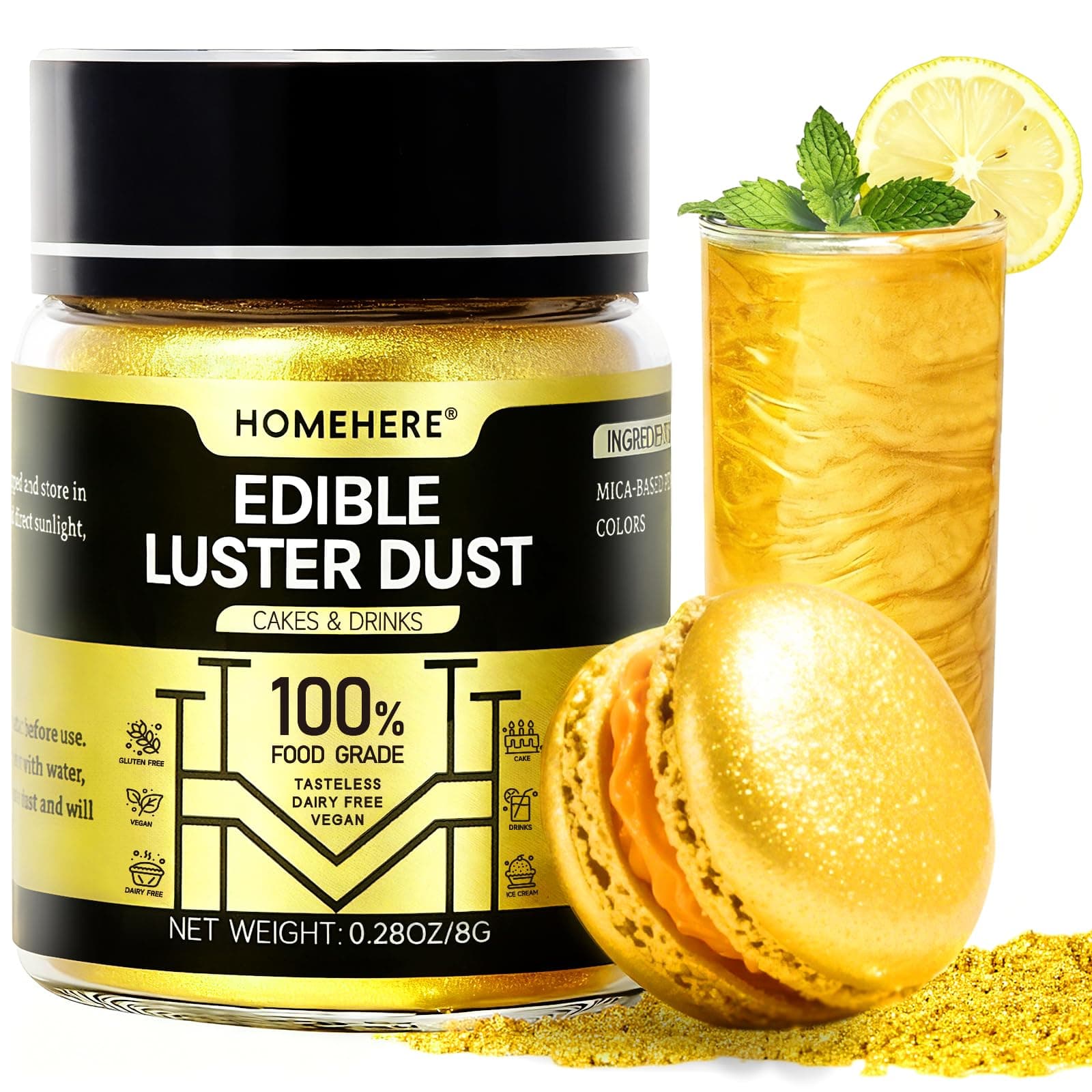 HomeHere Luster Powder Dust Edible Cake Dust 8g, Edible Sprinkle Glitter for Cocktails Drinks Baking Candy Dessert Chocolate Vegan Tasteless