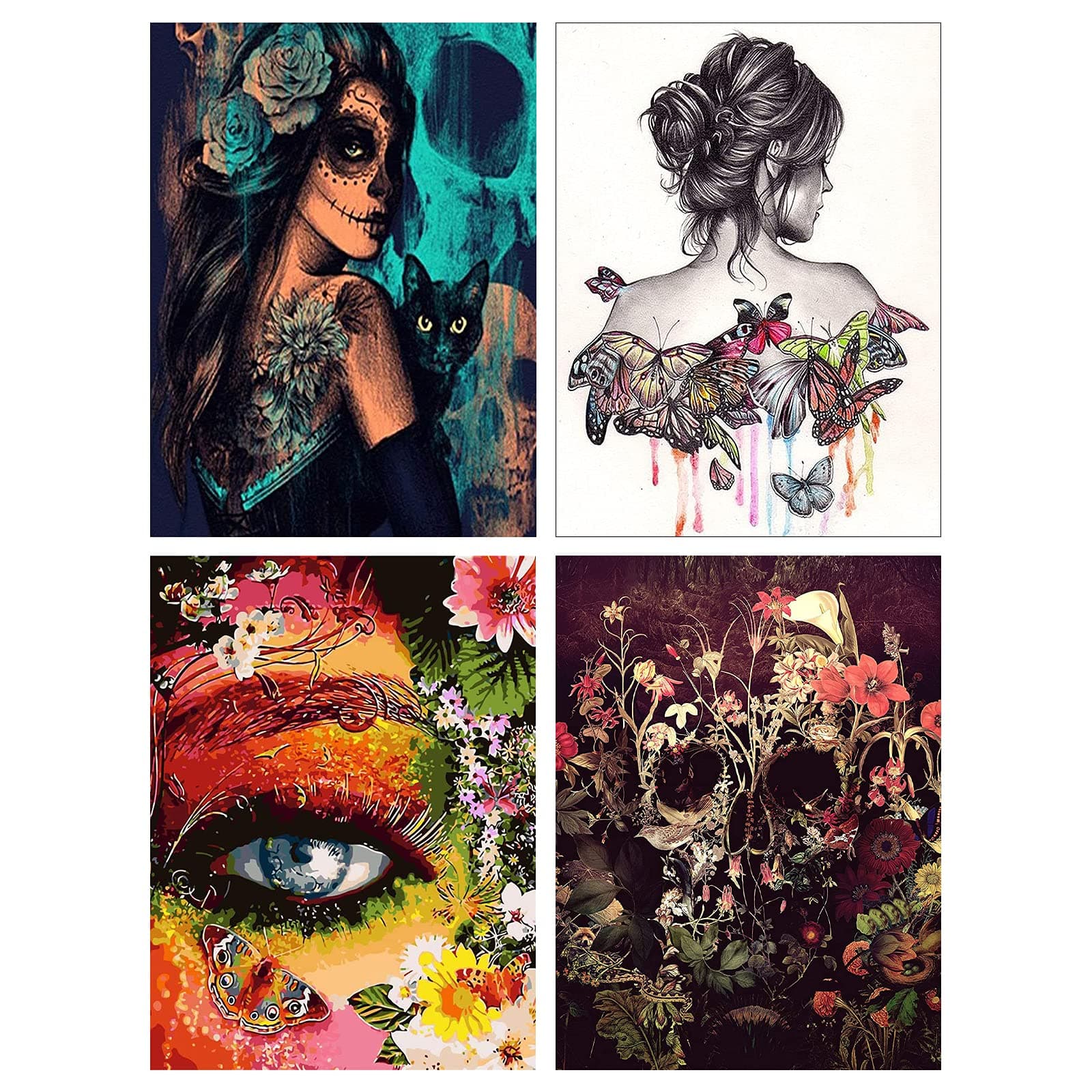 4 Pack Paint by Numbers for Adults, Oil Painting Kit Acrylic for Kids, DIY Painting Kits for Beginners, Arts Craft for Home Wall Decor Gift, Skeleton Witch Flower Halloween 15.7x19.6inch