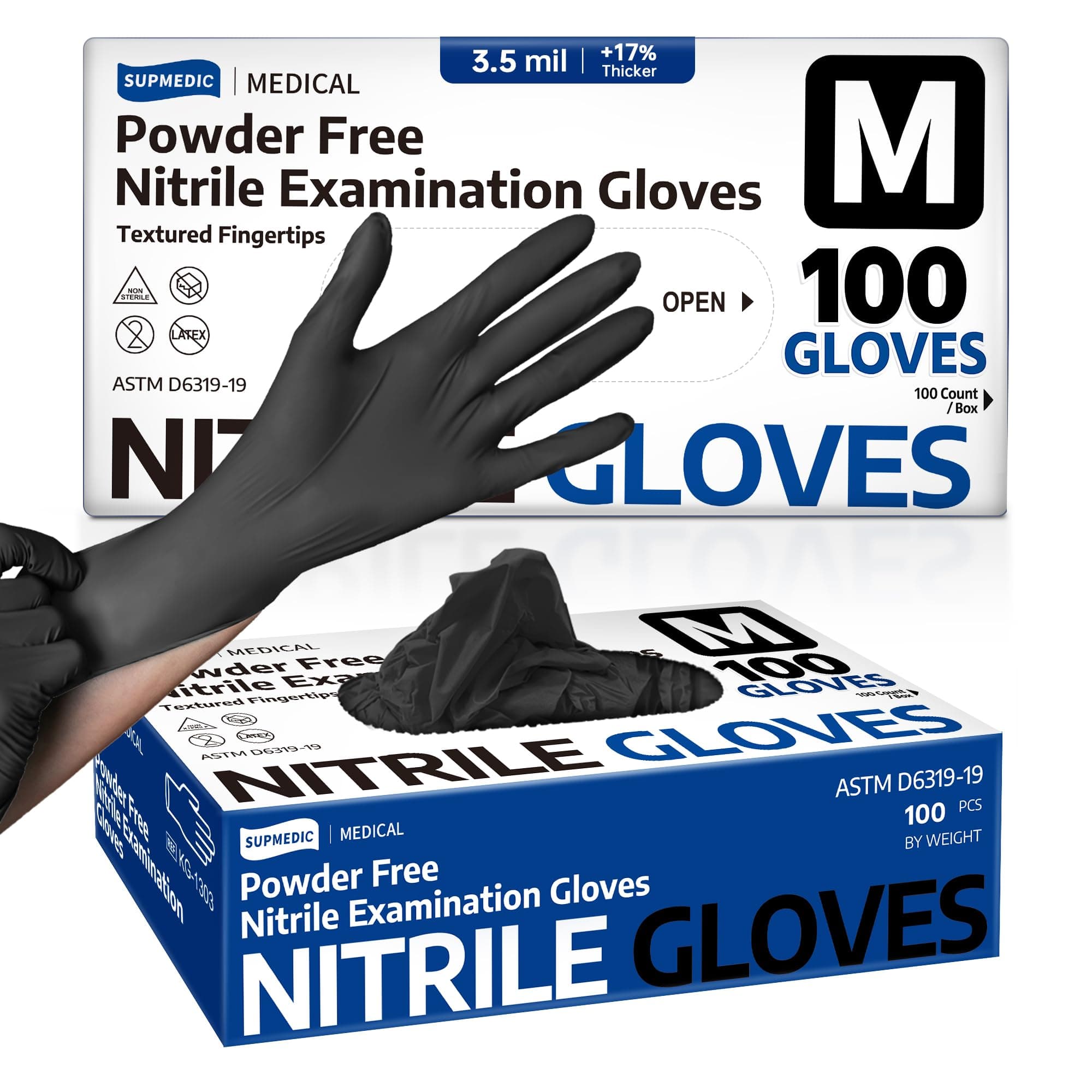 Supmedic Nitrile Exam Glove, 3.5 mil Disposable Medical Gloves Powder-Free Latex-Free, Box of 100 pcs (Black) (Medium)