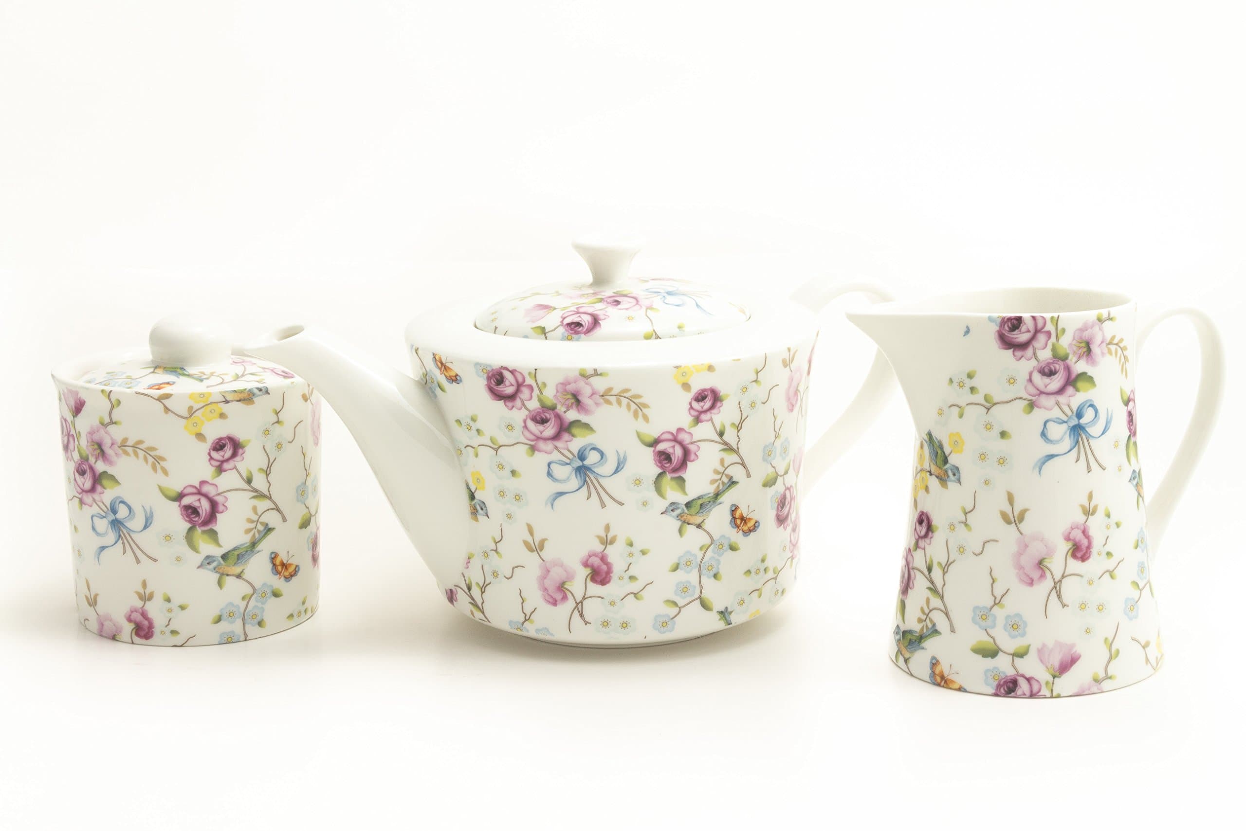 Bird and Blossoms Porcelain 3 Piece Gift Set - Teapot, Pitcher, Covered Sugar - by Shannonbridge Ireland