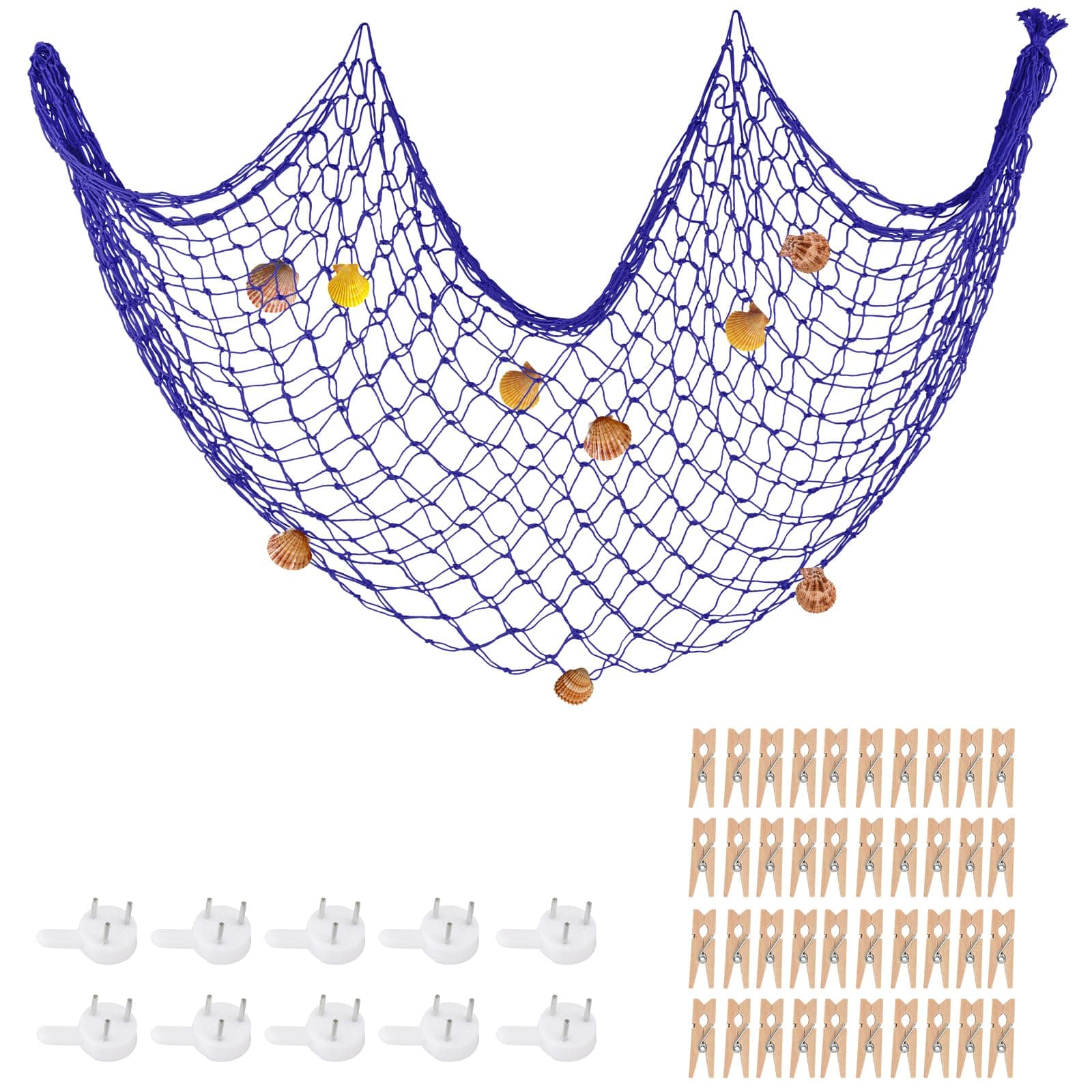 Blue Fishing Net 79x40 Inch w/ 40 Clips & Shells, ZUEXT Photo Hanging Display Holder Wall Decor, Artworks Photos Organizer, Nautical Theme Fish Net for Dorm, Mermaid Party Decoration Net