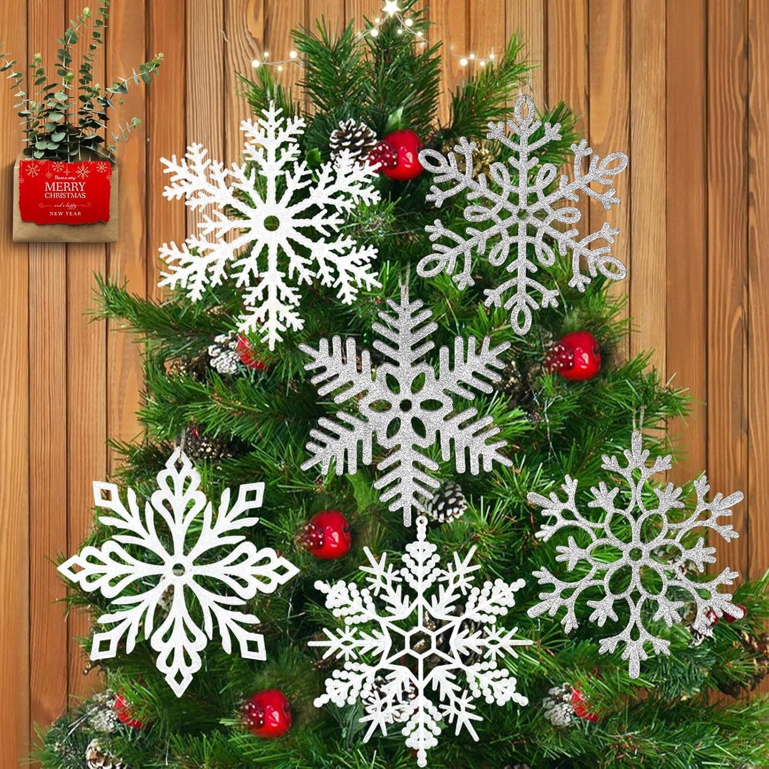 SLEEPHEAD® 6pcs Large White Snowflakes Christmas Ornaments- 12” Big Glitter Hanging Snow Flakes for Christmas Tree Decorations Winter Indoor Outdoor Window Home Decor