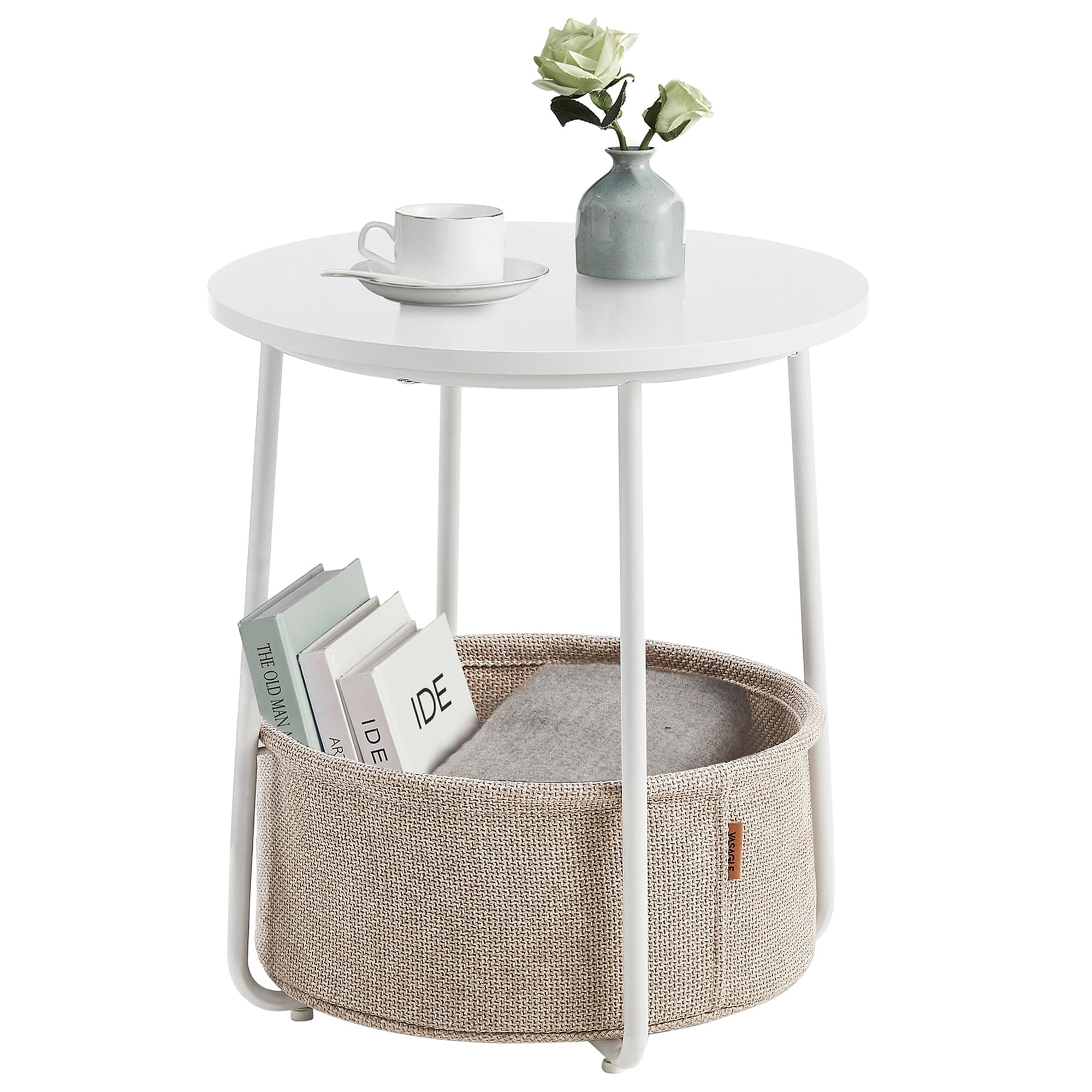 VASAGLE Side Table, Round End Table with Fabric Basket, Spacious, for Living Room Bedroom, Bedside Table, Modern Style, White and Beige LET223W10