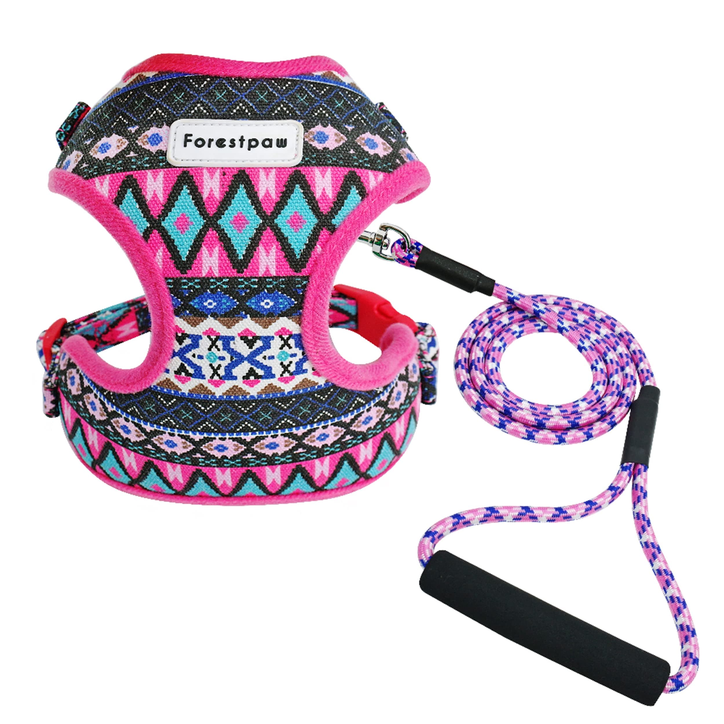 Forestpaw Multi-Colored Stylish Dog Walking Vest Harness and Leash Set- Soft Mesh Padded Vintage Tribal Pattern No Pull Dog Harness for Walking Small Dogs,Hot Pink,fits Chest:13-16"