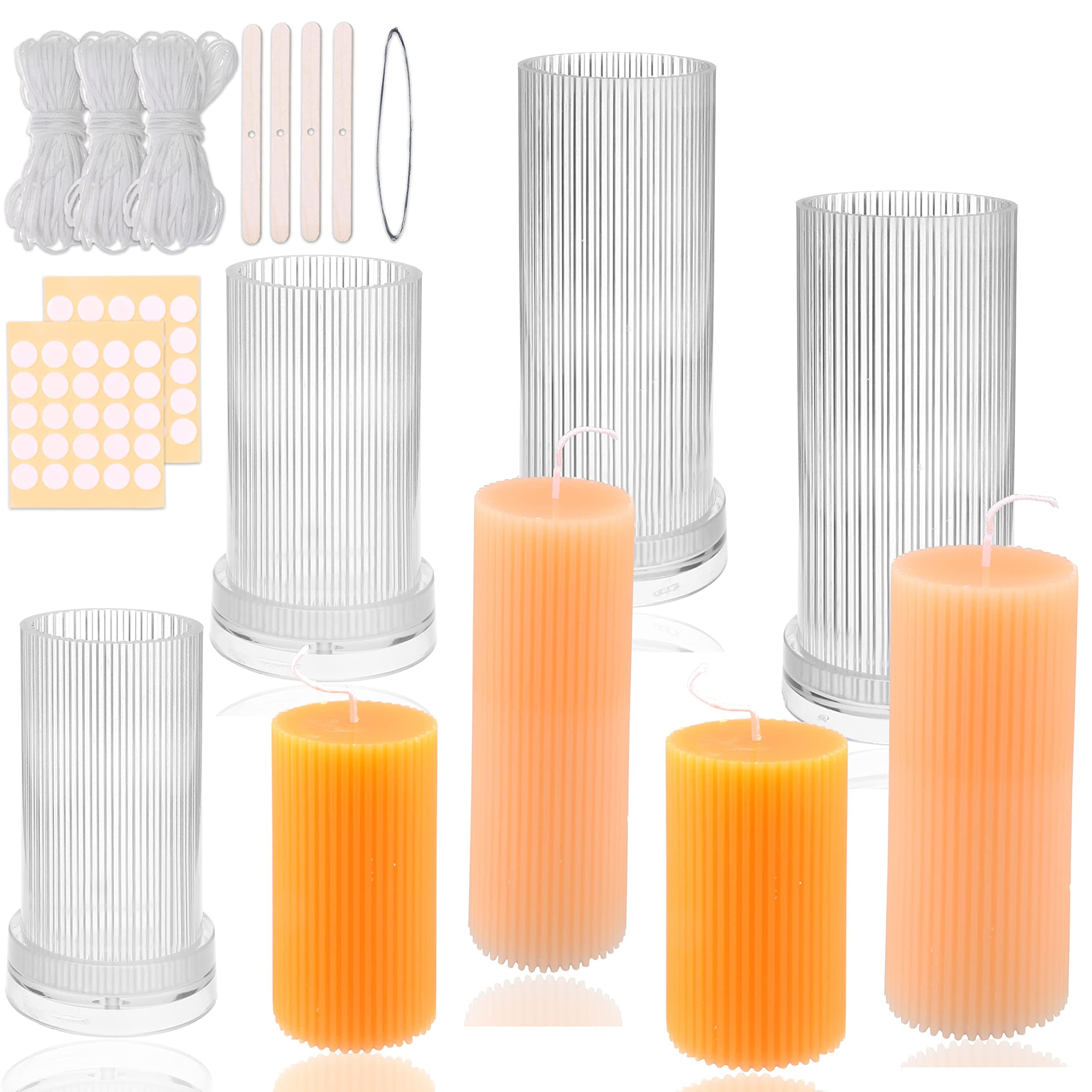 MILIVIXAY 4PCS Pillar Ribbed Cylinder Candle Molds,Candle Making Molds-90 Ft. of Wick, 50pcs Wick Stickers, 4pcs Wick Holders and 1pc Iron Wire Included as a Gift.