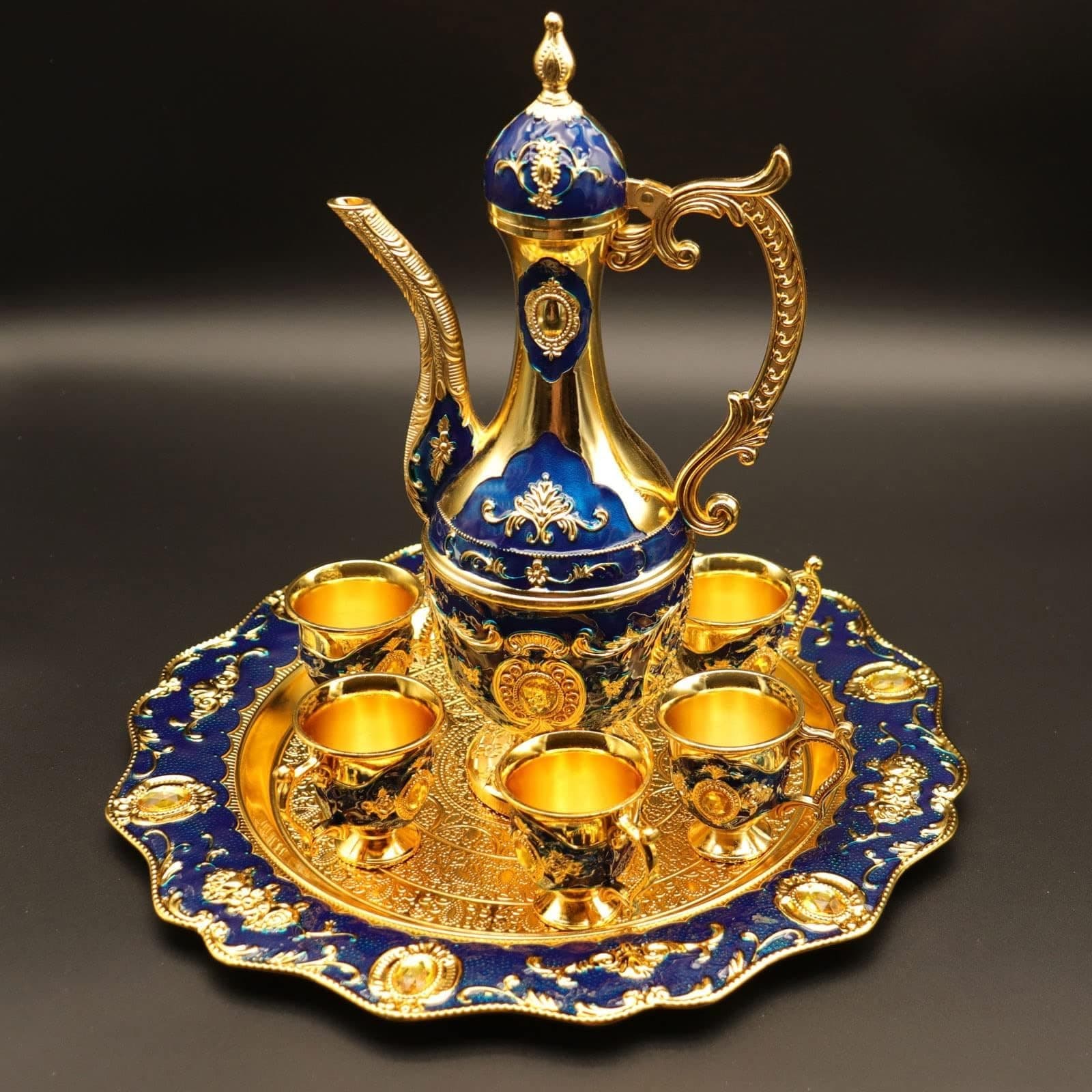 THE WHITE SHOP Turkish Tea Sets, Vintage Turkish Coffee Sets with Pot (0.53qt/16.91oz) Tray and 6 Cups Main Function for Home Decor Birthday Housewarming Wedding. (Color : GOLDBLUE)