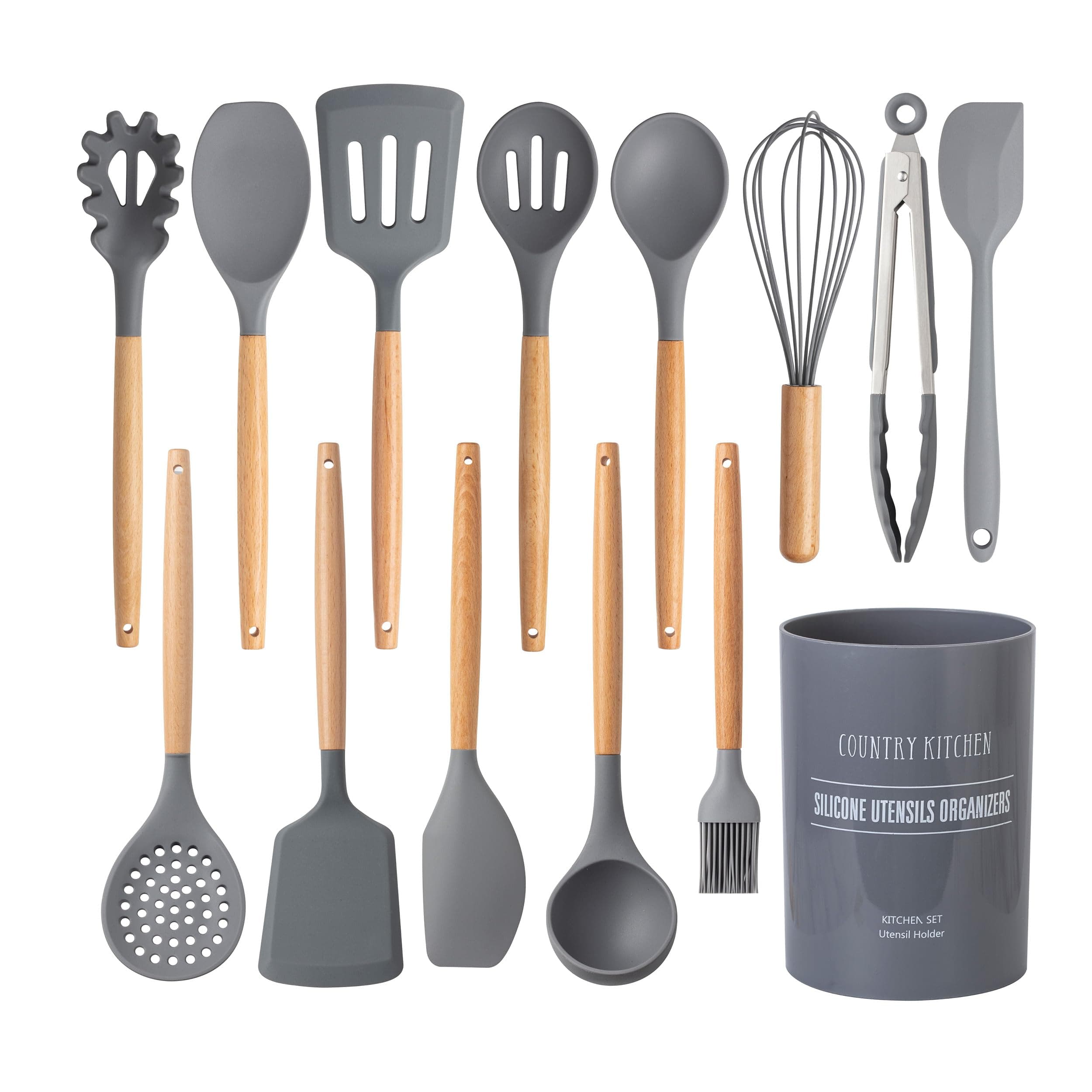 Country Kitchen Non Stick Silicone Utensil Set with Rounded Wood Handles for Cooking and Baking, 14 Piece Set, Gray