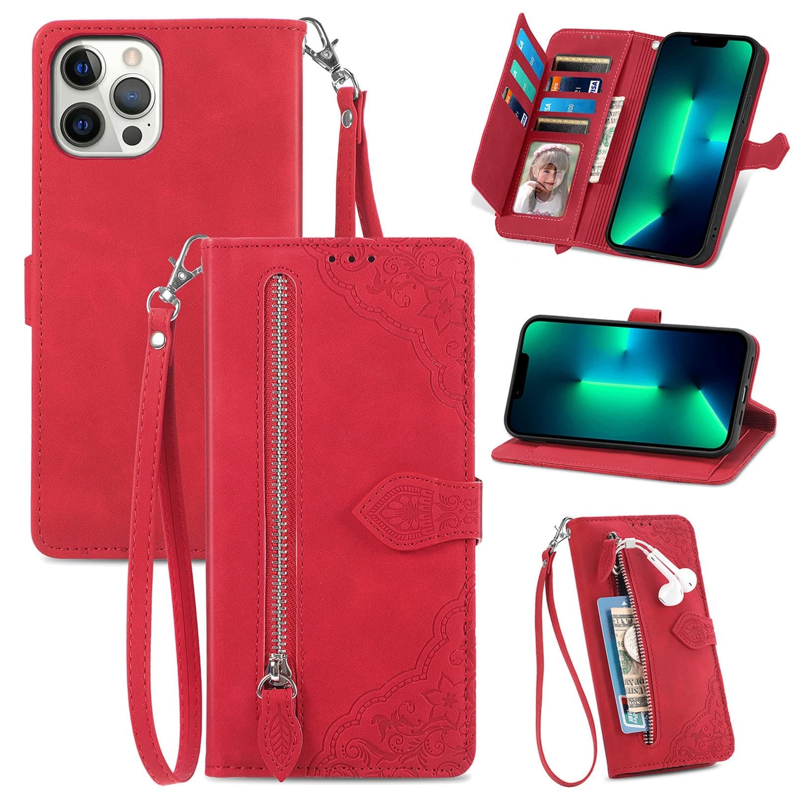 Hancda Case for iPhone 13 Pro Max (Not for iPhone 13 Pro), Wallet Case Leather Cover Flowers Pattern Design with Card Holder Slot Strap Magnetic Shockproof Flip Case for iPhone 13 Pro Max,Red