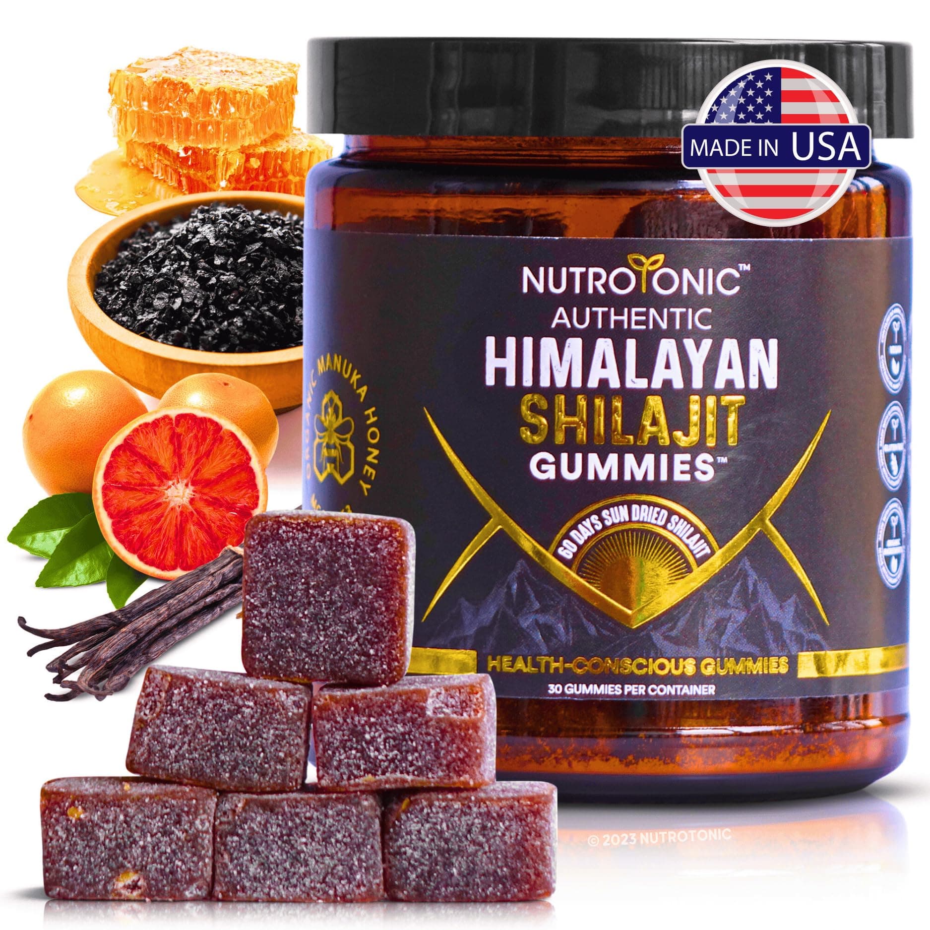 Organic SHILAJIT Gummies by NutroTonic | Cane Sugar Free, Sweetened by Organic Manuka Honey | Clean Formula | Natural Fulvic & Humic Acid | Heart & Brain, Cellular Health | 30 Healthy Gummies (1)