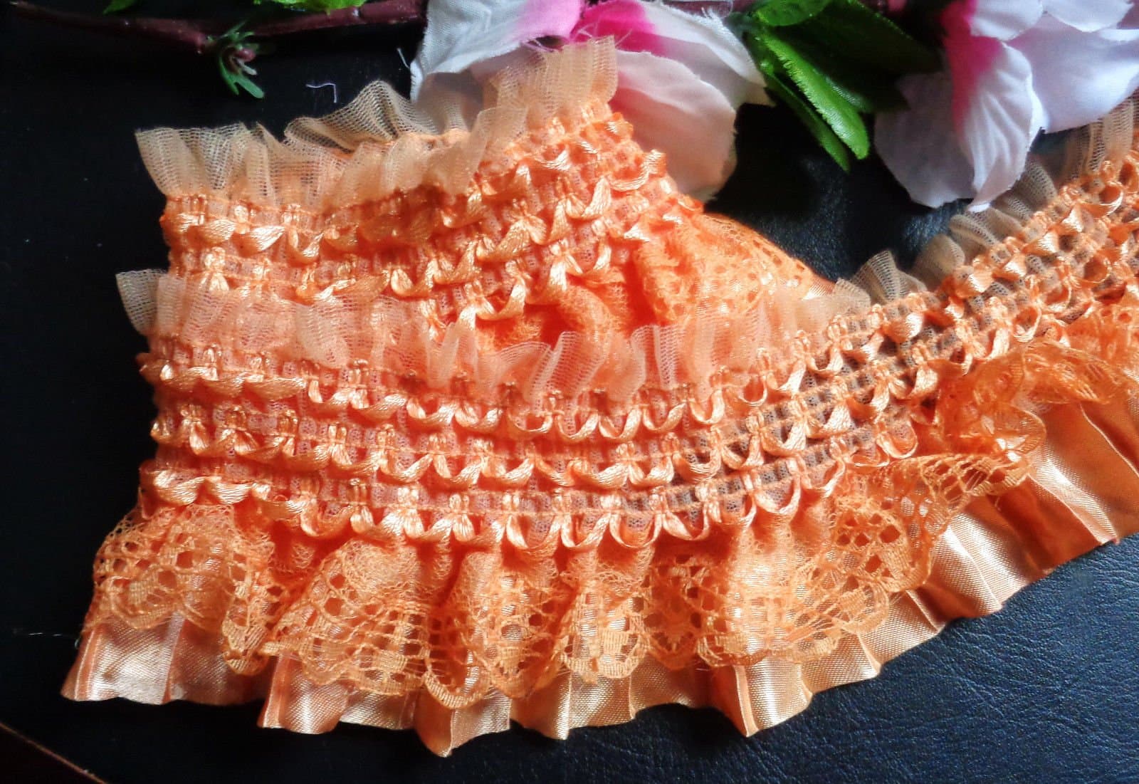 Orange 2 1/2" Wide Elastic Lace Trim Sewing DIY Craft Supply Elastic Ruffle Pleated Elastic Ribbon By the Yard Polyester