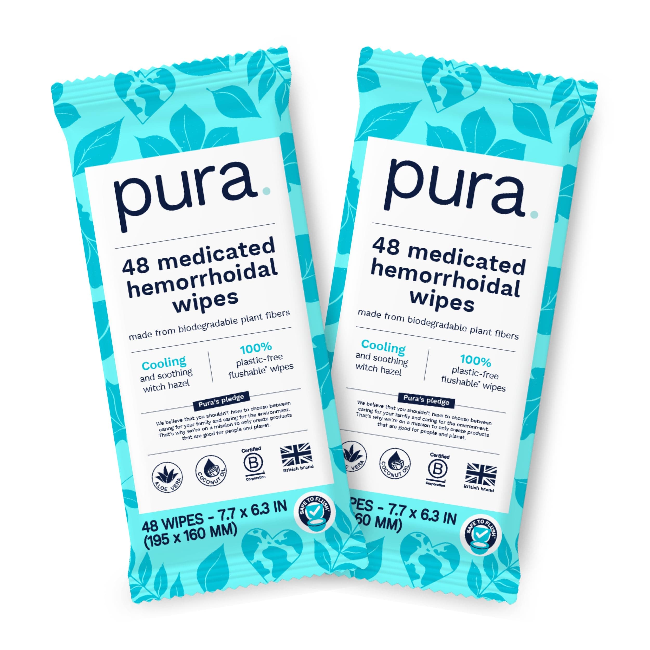 Flushable Hemorrhoid Wipes, 2 x 48 Wipes (96 Wipes), Medicated Wipes with 50% Cooling Witch Hazel, Soothing Coconut Oil & Aloe Vera, Fast Acting Relief, 100% Plastic Free, Fragrance Free