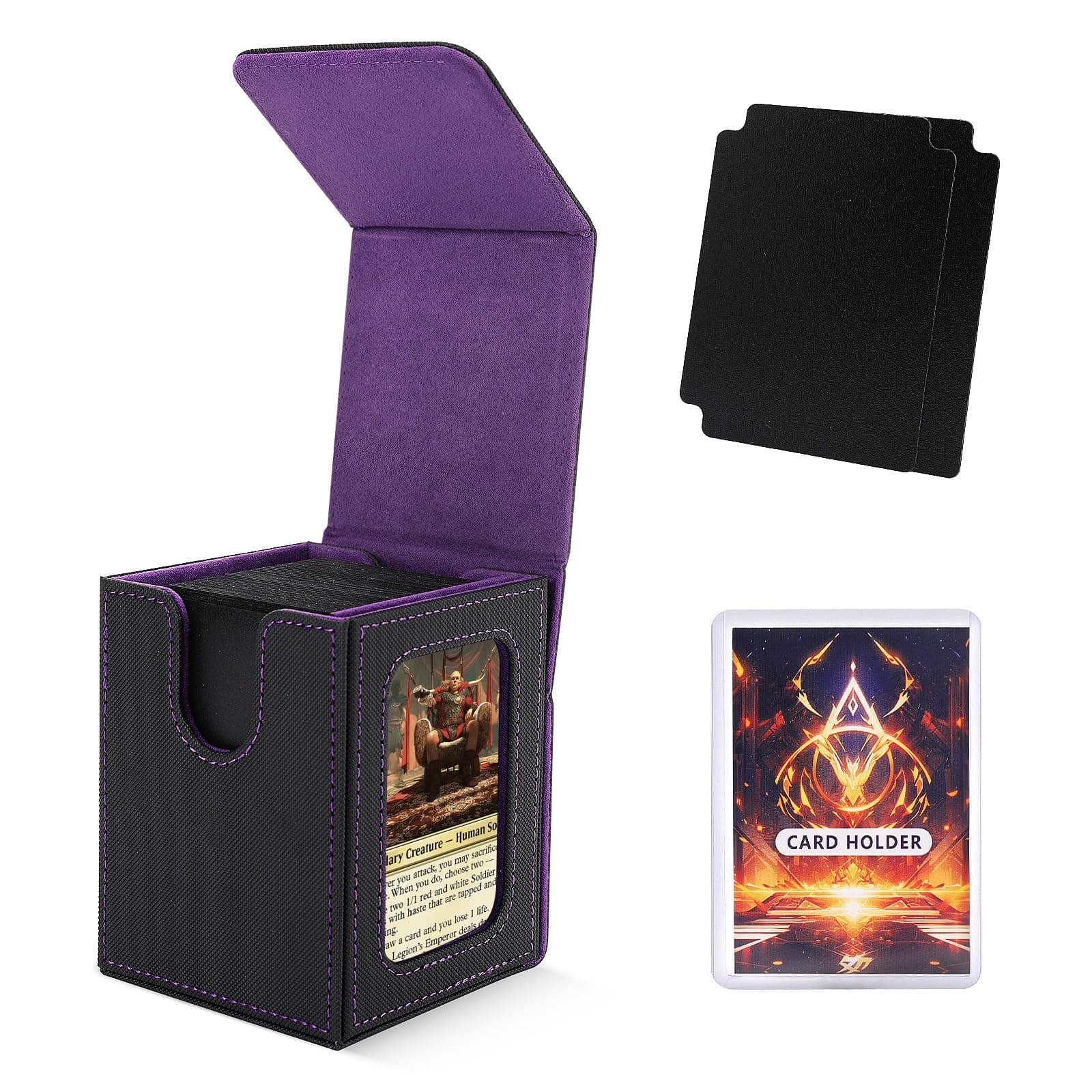 MTG Deck Box for Commander Display,Card Deck Case Fits 100 Double Sleeved Cards, Magic Commander TCG Card Leather Storage Box with 2 Dividers and 1 Toploader (Black/Purple)
