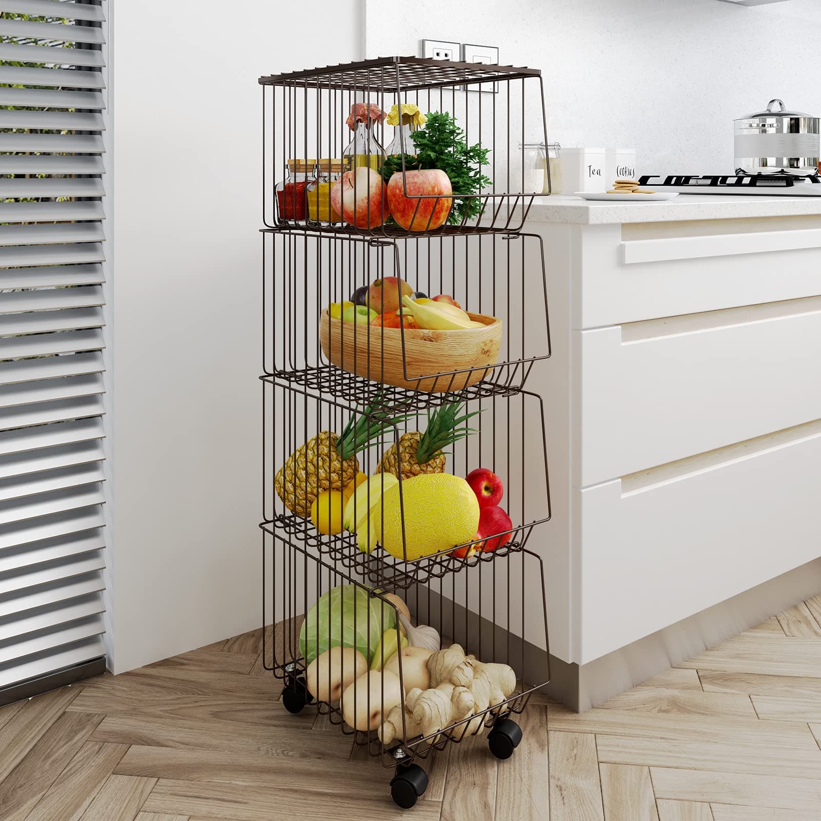 WHIFEA 4 Tier Metal Wire Basket with Wheels and Cover Stackable Rolling Cart Fruit Vegetable Basket Utility Rack Storage Organizer Bin Space Saver for Kitchen Pantry Closet Bedroom Bathroom