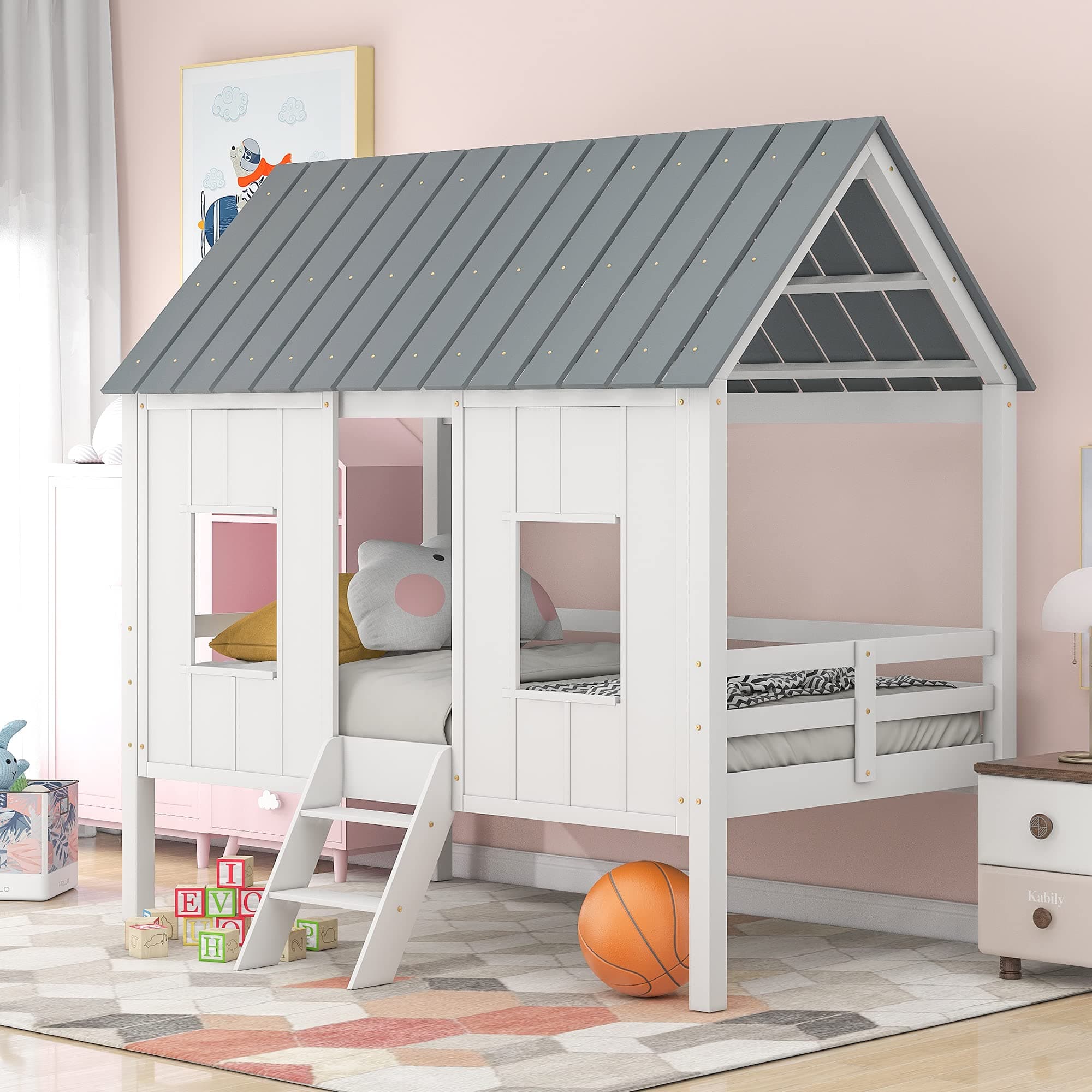 HYC Twin Size Low Loft House Bed with Roof and Two Front Windows, Perfect for Kids Boys Girls Bedroom Bed,White
