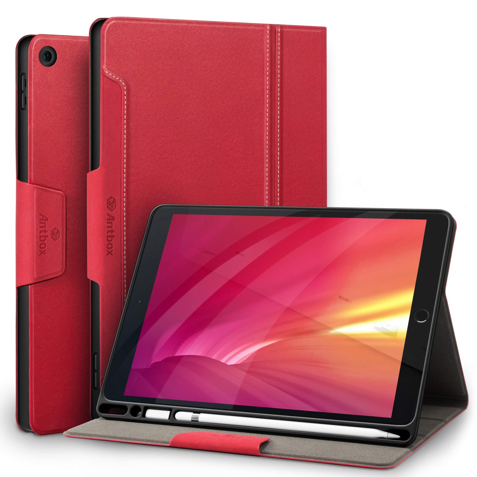 Antbox Case for iPad 9th Generation/iPad 8th Generation with Pencil Holder Vegan Leather Smart Cover for iPad 10.2'' 9th/8th/7th Gen (Red)