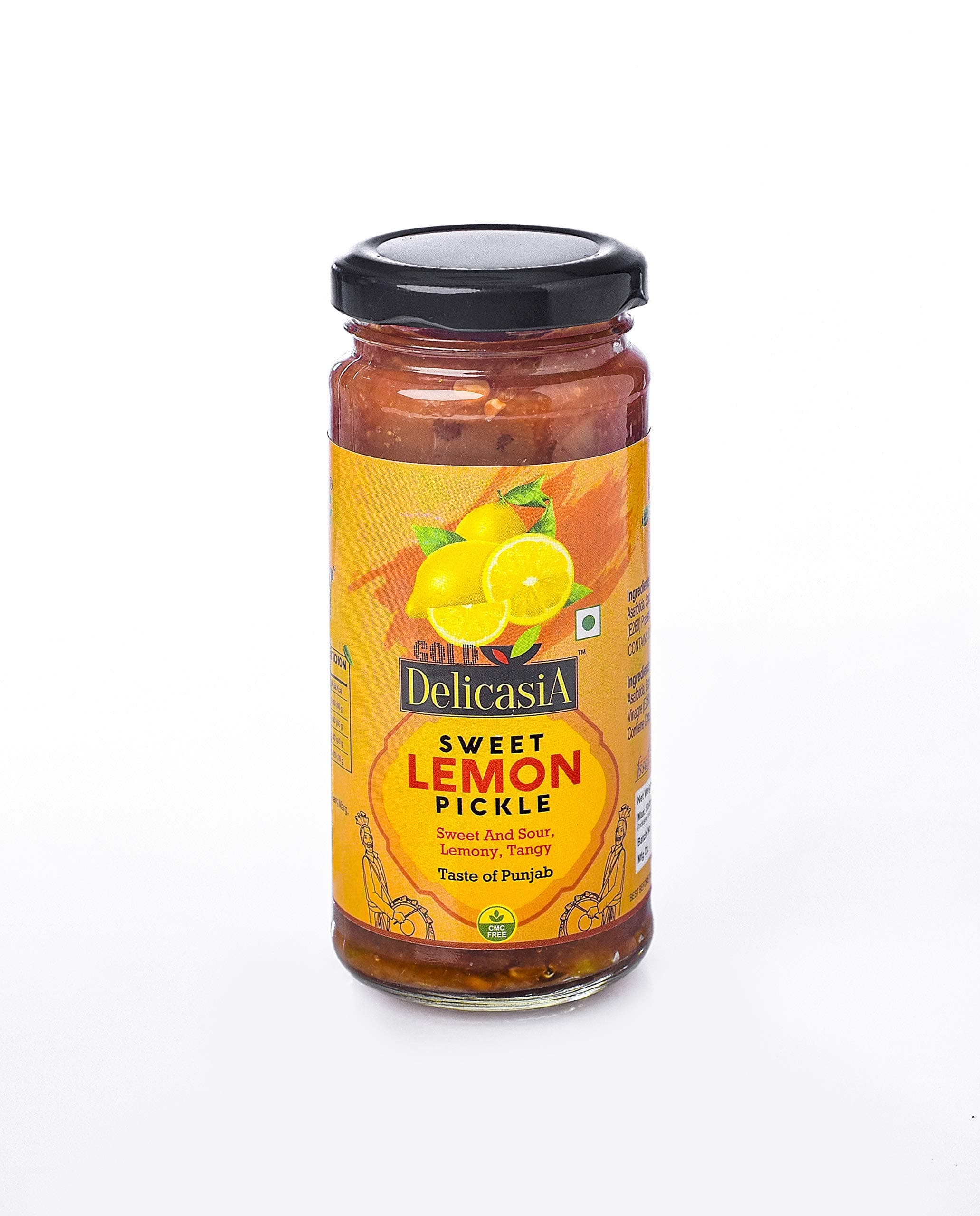 DELICASIA GOLD LEMON SWEET PICKLE 250 gm BRAND OF SR's. INDIAN FLAVOR. NO ARTIFICIAL COLOR AND FLAVORS. GLUTEN FREE. 77 YEARS OF TRUST