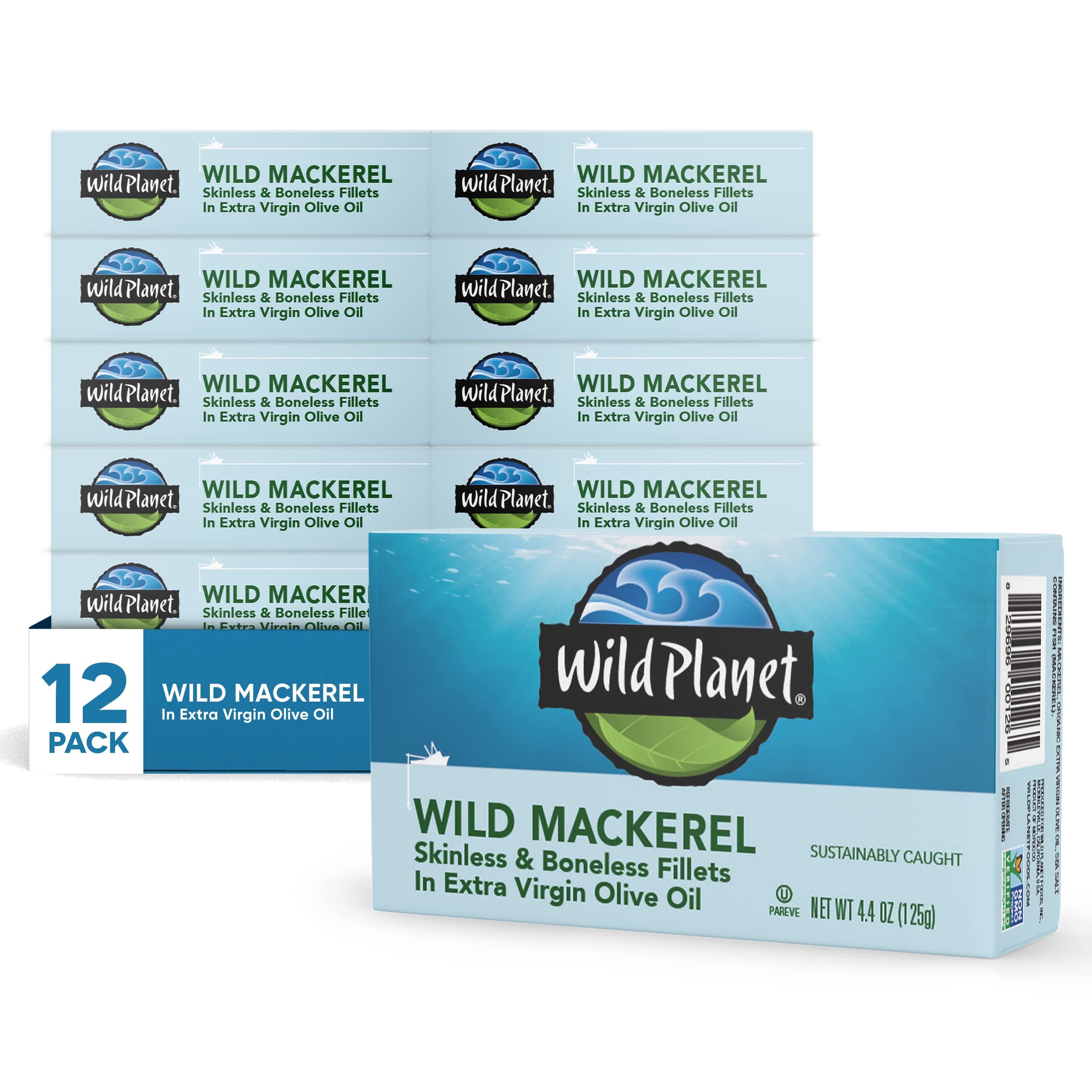 Wild Planet Mackerel Skinless Boneless Fillets in Extra Virgin Olive Oil (4 4oz, 125g)