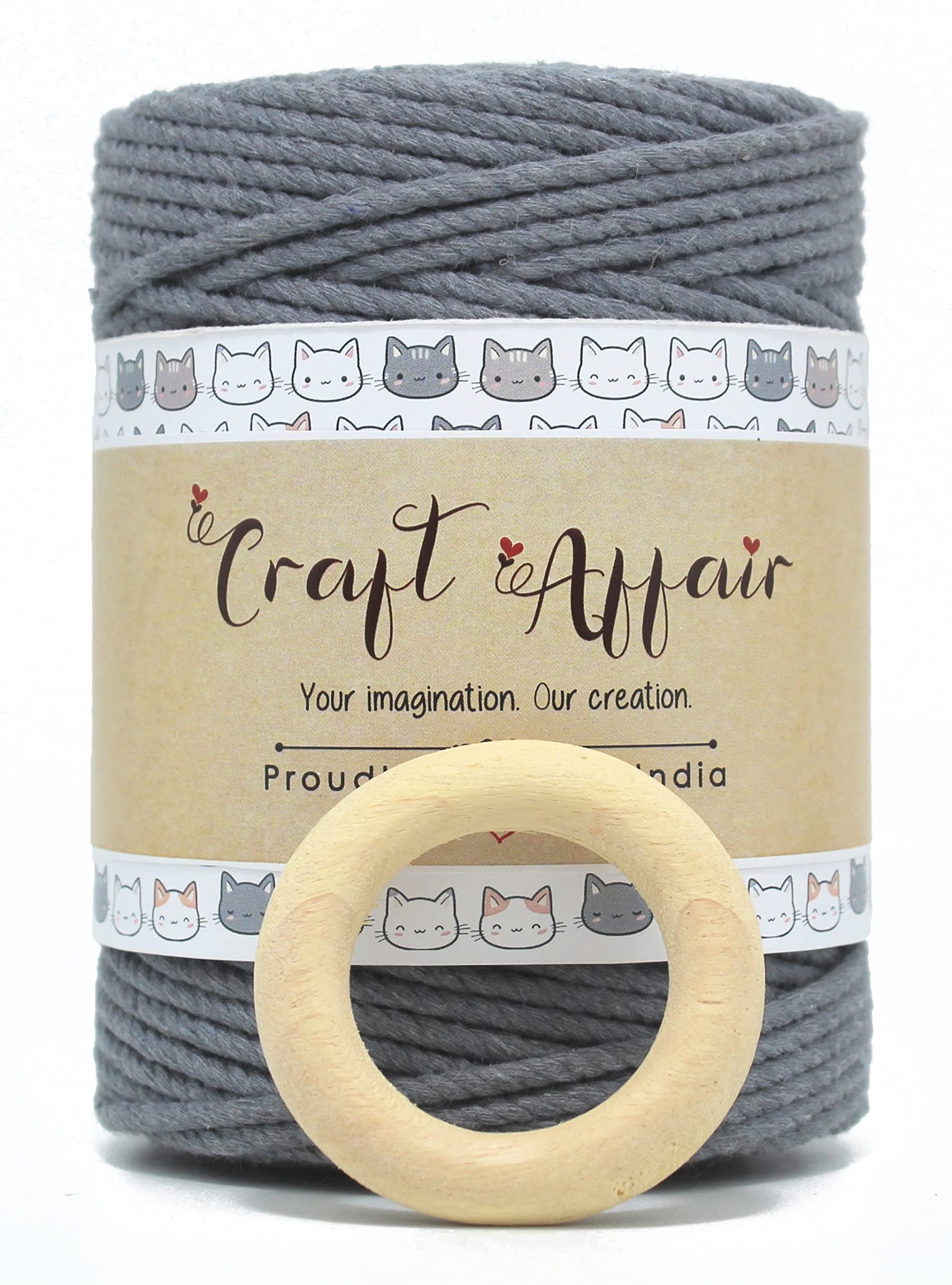 Craft Affair | 3ply Twisted Cotton Thread/Cord (200 Meter, 3mm) | Get Free Wooden Ring (5cm) | Cotton Cord for Wall Hangers and Other Projcts - Grey
