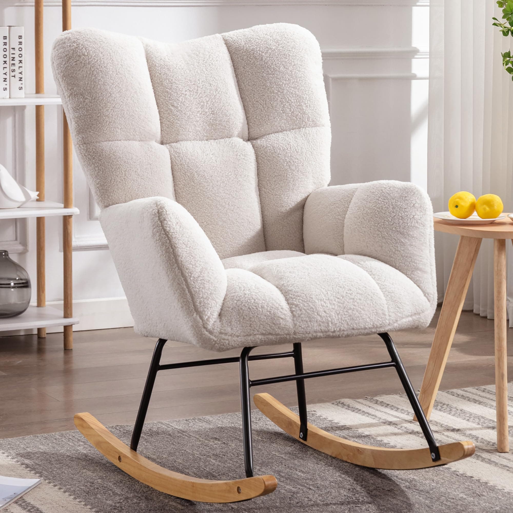 Nursing Rocking Chair, Teddy Glider Chair for Nursery, Comfy Living Room Armchairs with High Backrest for Adults, Ivory