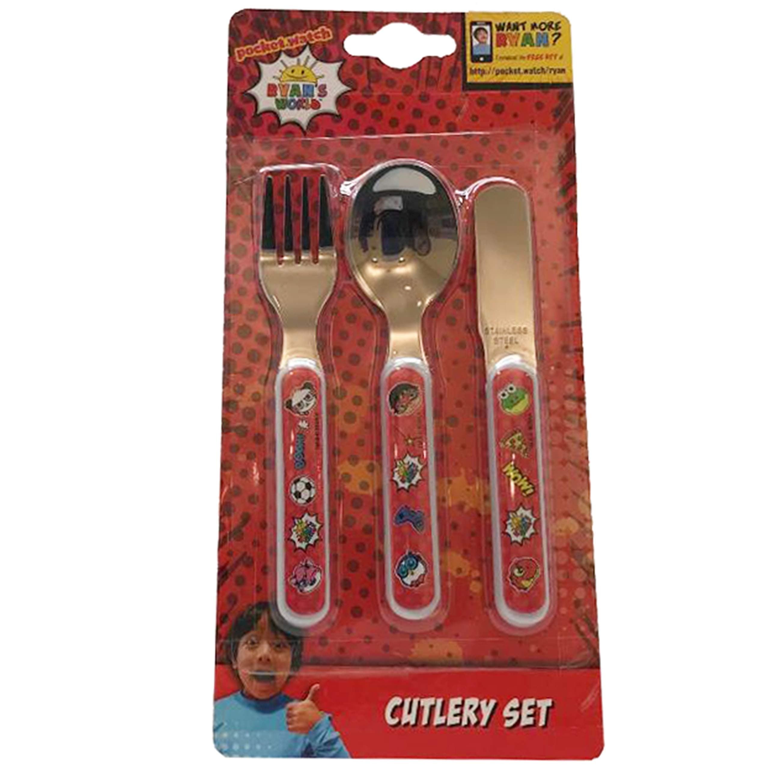 Ryans World 3 Piece Cutlery Set – Metal, Reusable Children's Knife, Fork & Spoon, Kids-Size, Made from Food-Safe Stainless Steel & ABS Plastic – Red Titan, Gus and Combo Panda – for 12 Months & Up