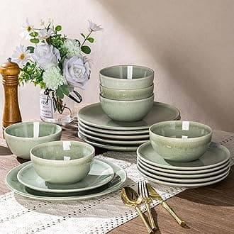 Ceramic Dinnerware Sets for 6, 18 Pieces Handpainted Plates and Bowls Set, Scratch Resistant Stoneware Dishes Set, Dishwasher & Microwave Safe, Olive Green