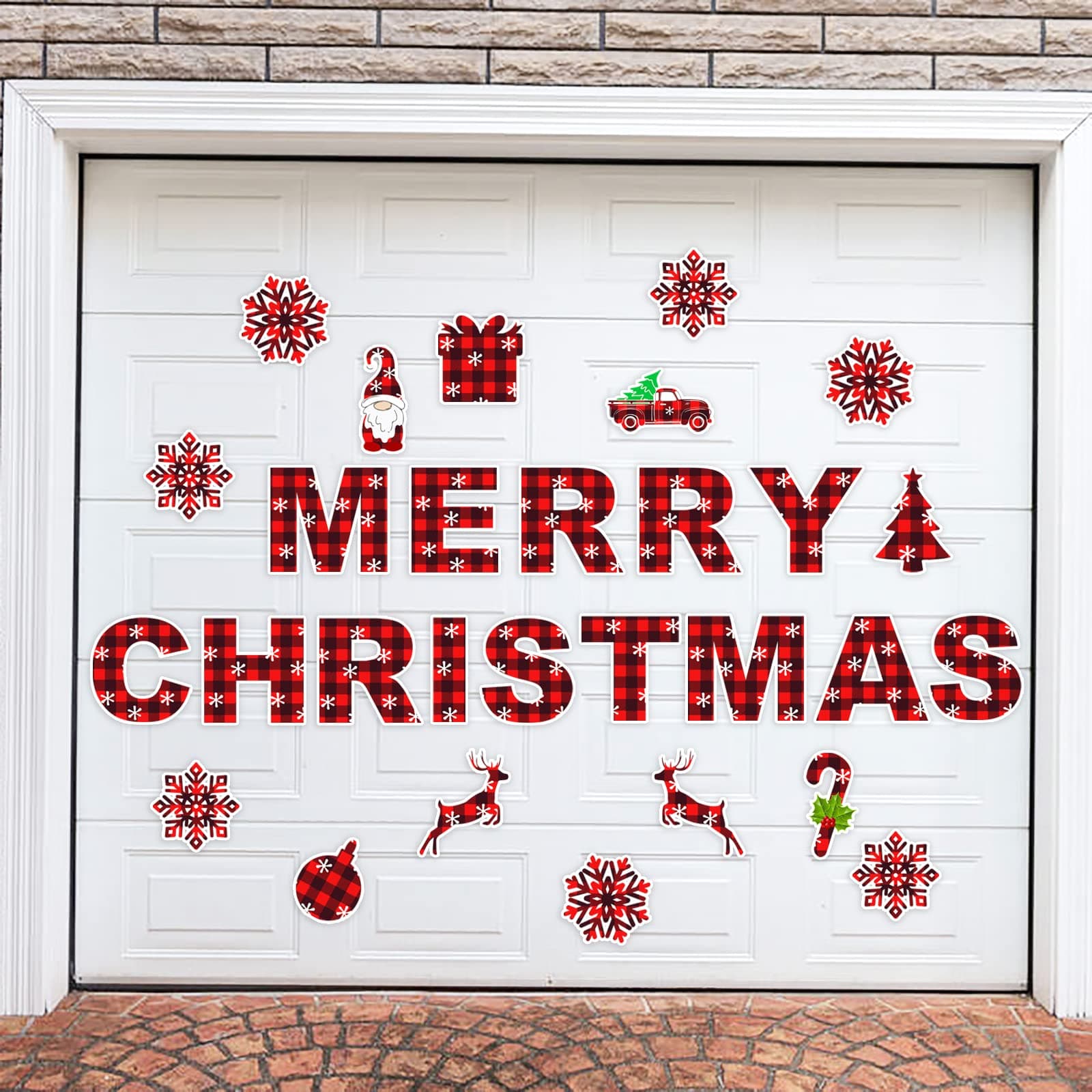 QIKSION 30 Pcs Merry Christmas Garage Door Magnet Sticker Decorations, Large Red Black Plaid DIY Magnet Decal Garage Door Christmas Decorations for Xmas Garage Door Home Decoration Supplies