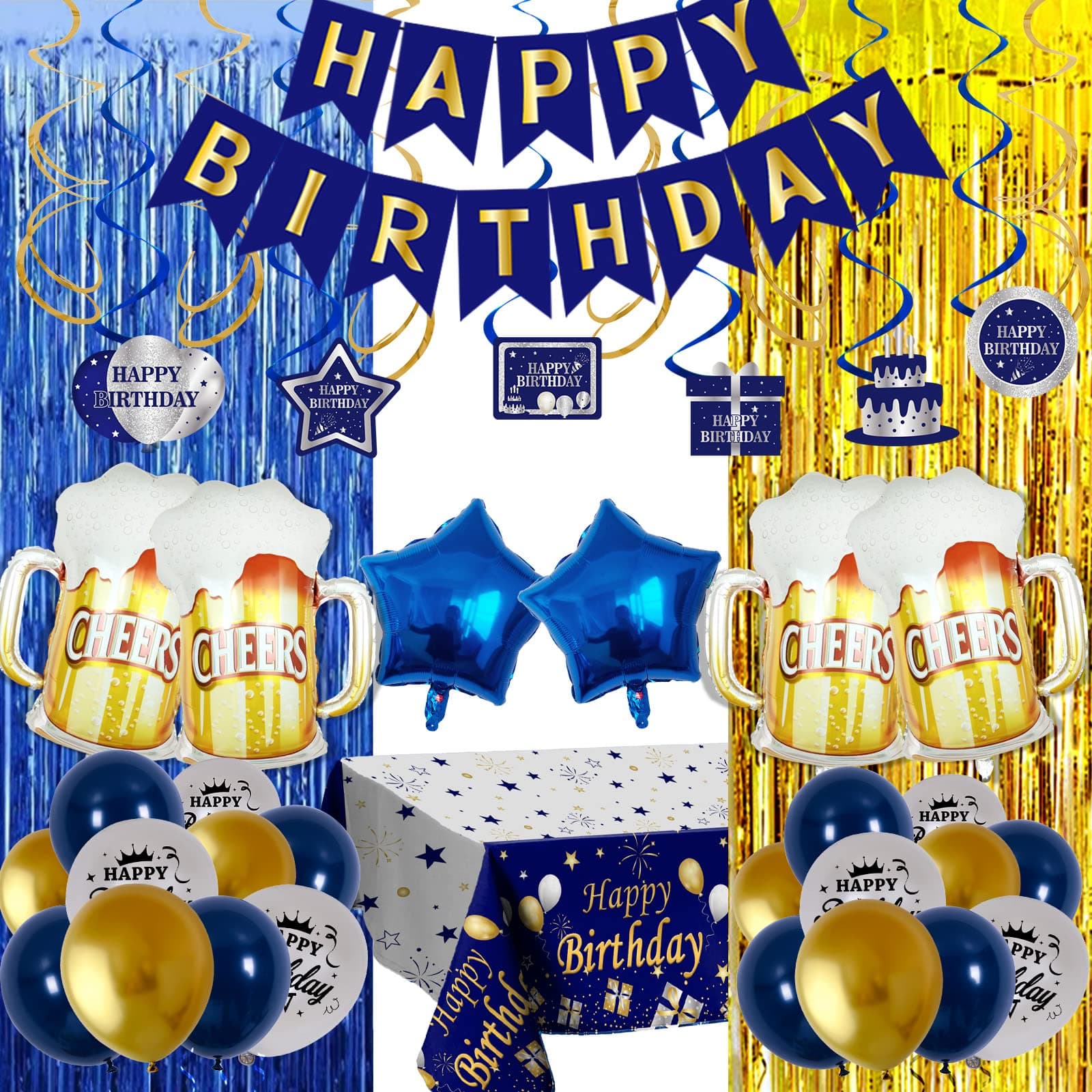 Birthday Decorations for Men, Navy Blue and Gold Happy Birthday Banner Birthday Party Decorations Tablecloth Foil Beer Mug Balloons Fringe Curtains Hanging Swirls Women Boys Girls Bday Party Supplies