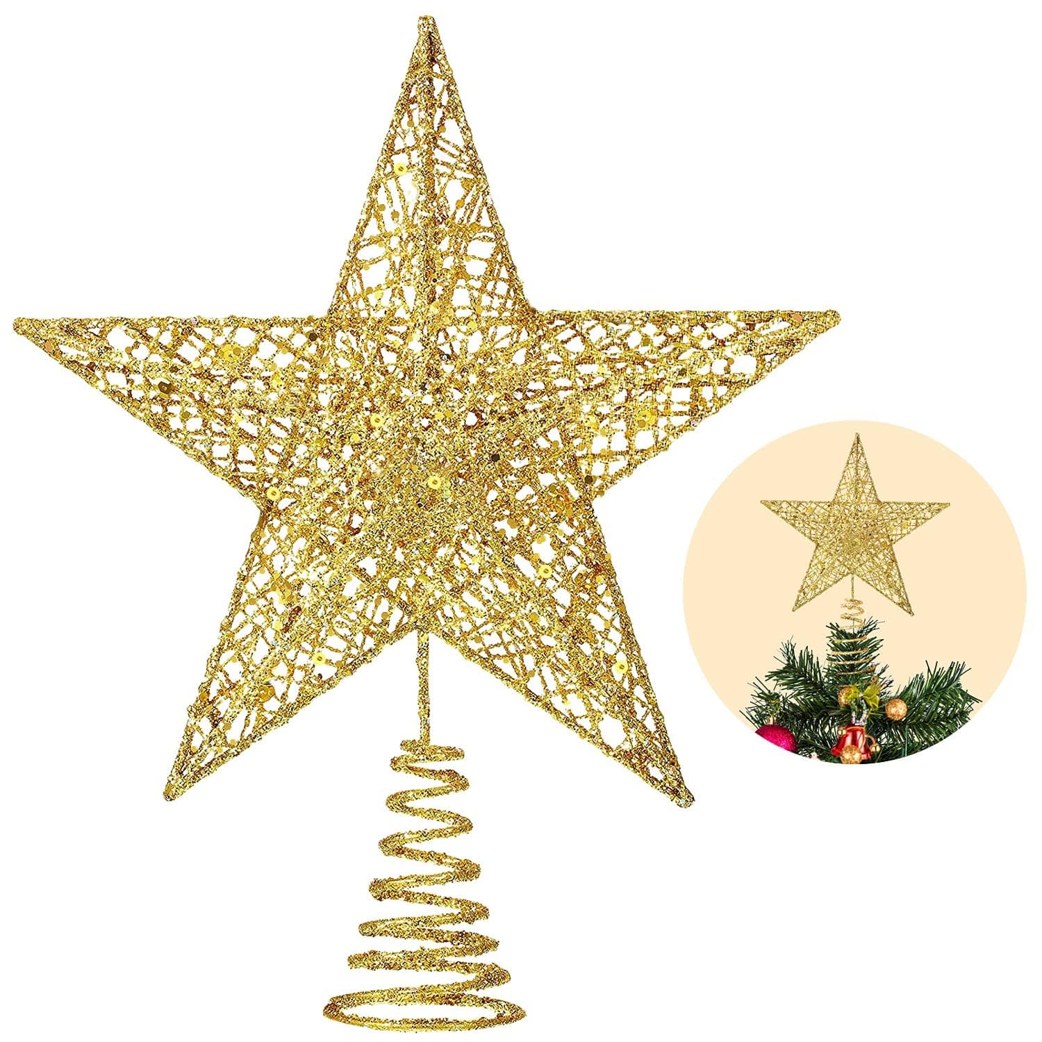 Christmas Tree Star Mini Gold Star Christmas Tree Topper Small Star for Christmas Tree Metal Glitter Xmas Tree Topper for Tree Pencil Christmas Trees Decorations (1 Pack-Gold, 6 inch/15cm)