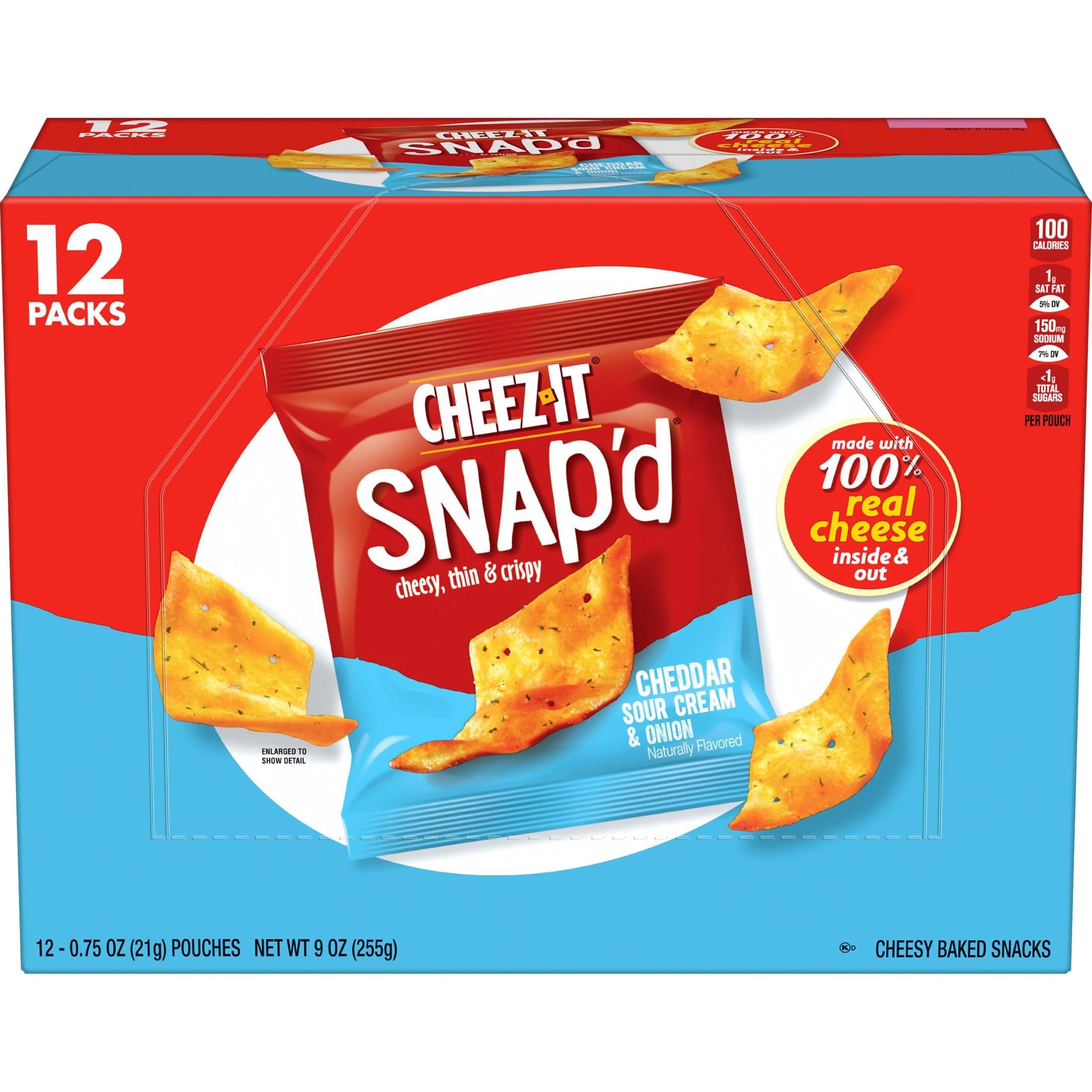 Cheez-It Snap'd Cheese Cracker Chips, Thin Crisps, Lunch Snacks, Cheddar Sour Cream and Onion, 9oz Box (12 Pouches)