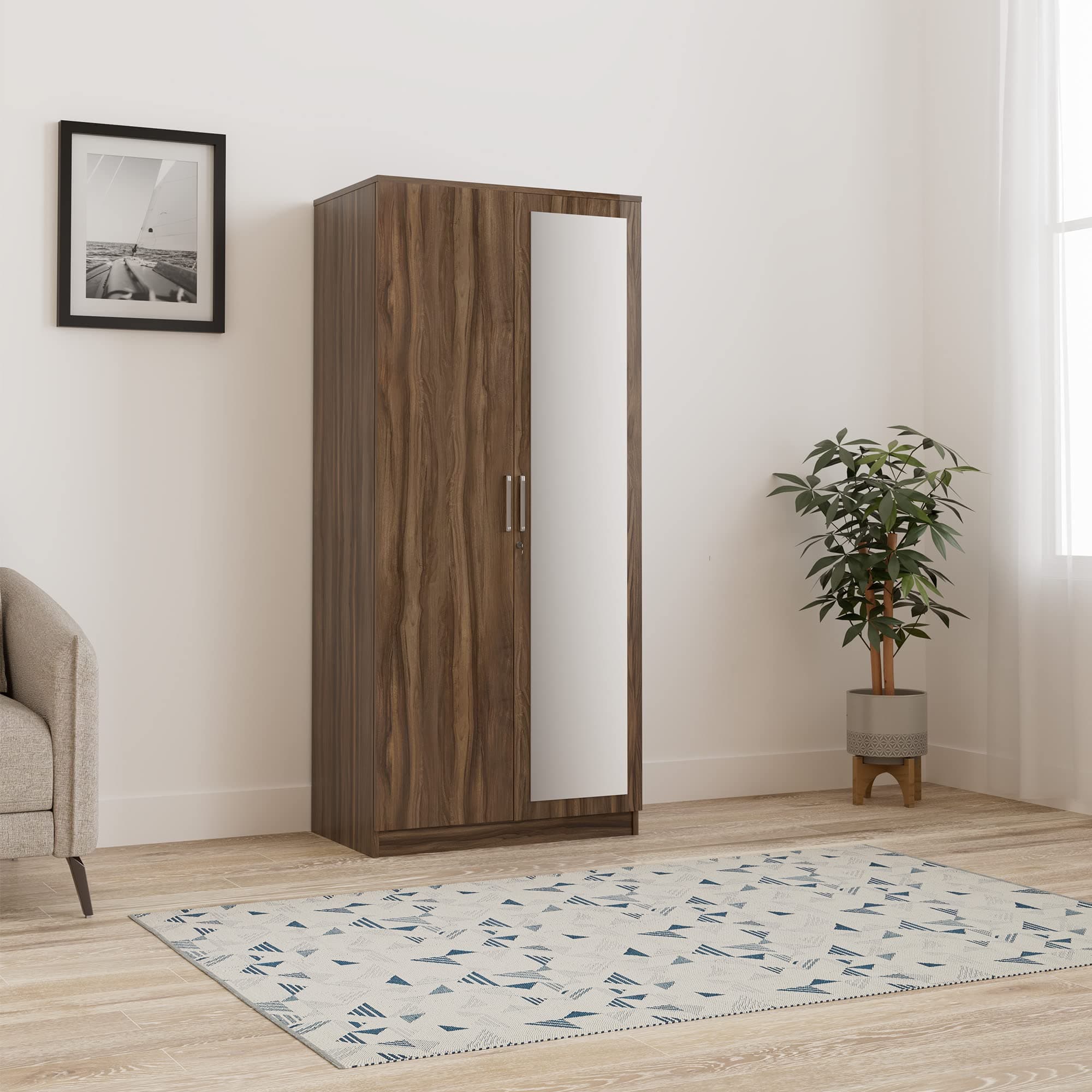 Amazon Brand - Solimo Ashburn Engineered Wood 2 Door Wardrobe with 2 Drawers and Mirror, Asian Walnut