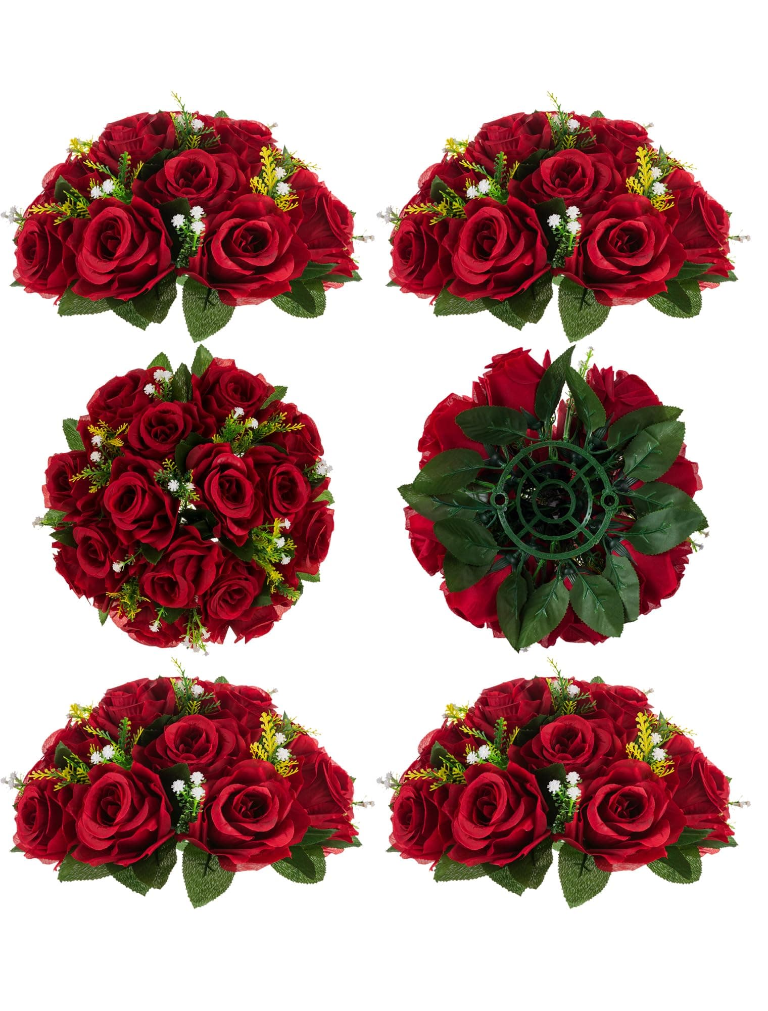 BLOSMON Flower Centerpieces for Tables Wedding 6 Pcs Crismon Fake Flowers with Base Rose Balls Arrangement Bouquet Floral Centerpiece Artificial Wedding Center Pieces of Home Party Decor