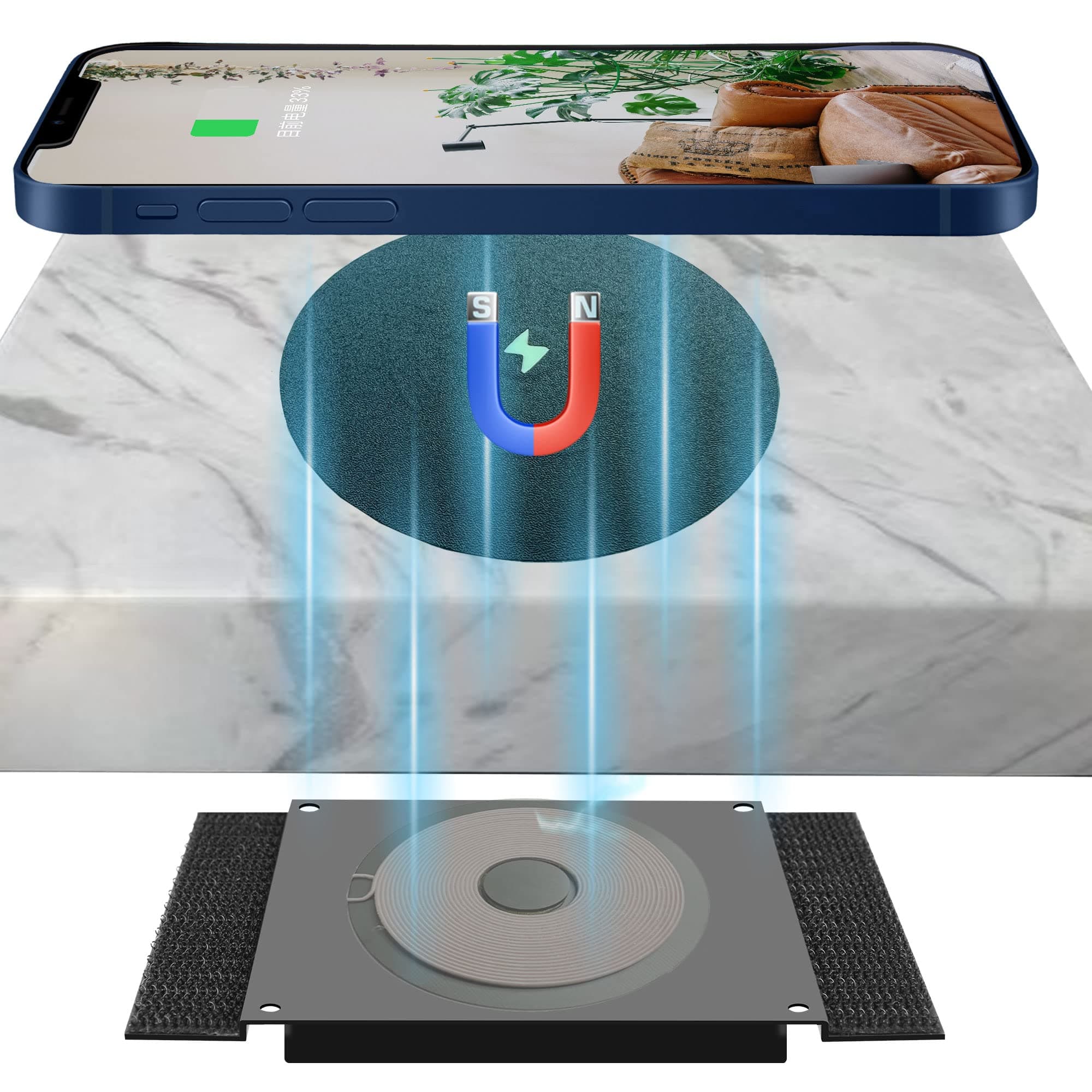 Magnetic Invisible Wireless Charger 8-30MM, Under Desk QI 15W Furniture Wireless Charging Pad for Magsafe iPhone 13/12 (with PD Adapter) (8-30MM Magsafe Desk Sticker Coil Included)