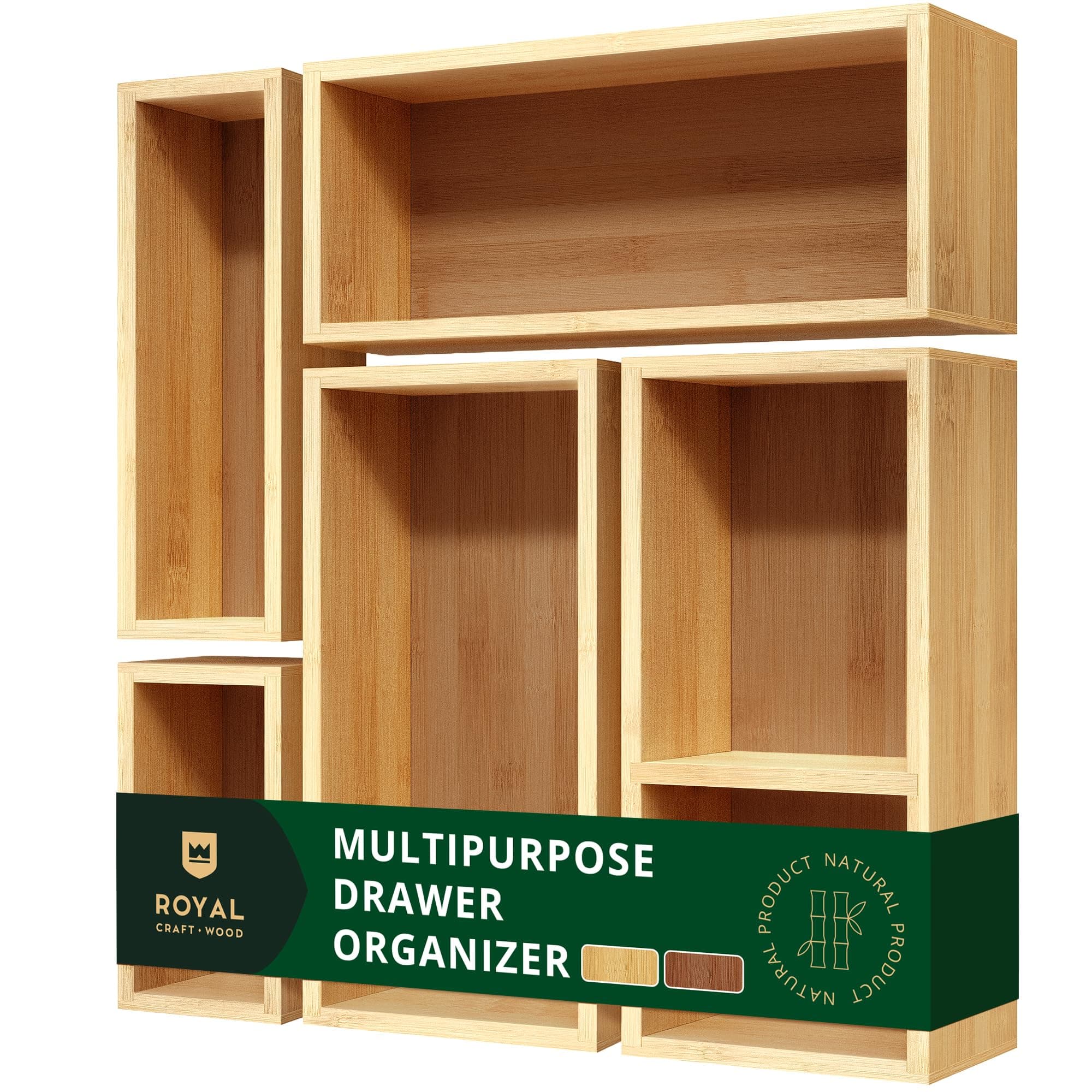 Luxury Bamboo Drawer Organizer Storage Box/Bin Set - Multi-Use Drawer Organizer for Kitchen, Bathroom, Office Desk, Makeup, Jewelry (5 Boxes)
