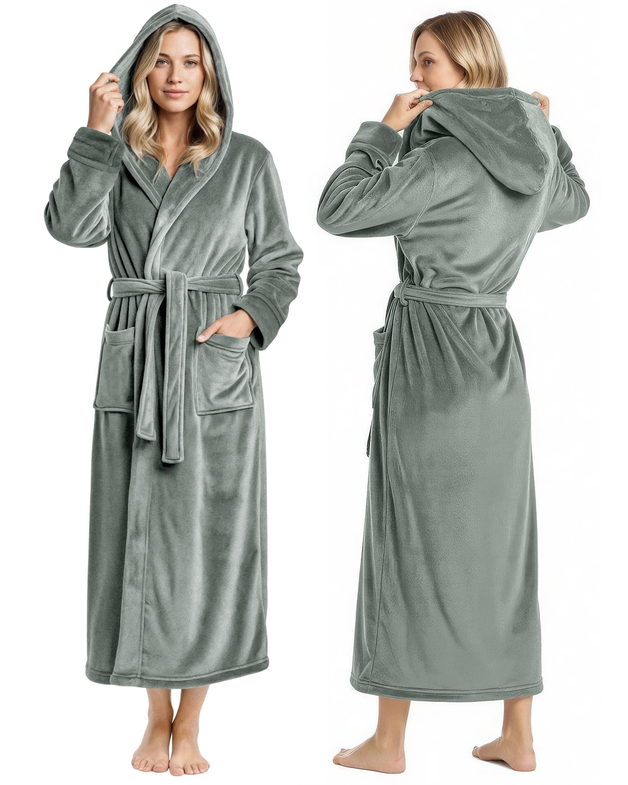 Women's Green Fleece Hooded Bathrobe - Plush Long Robe