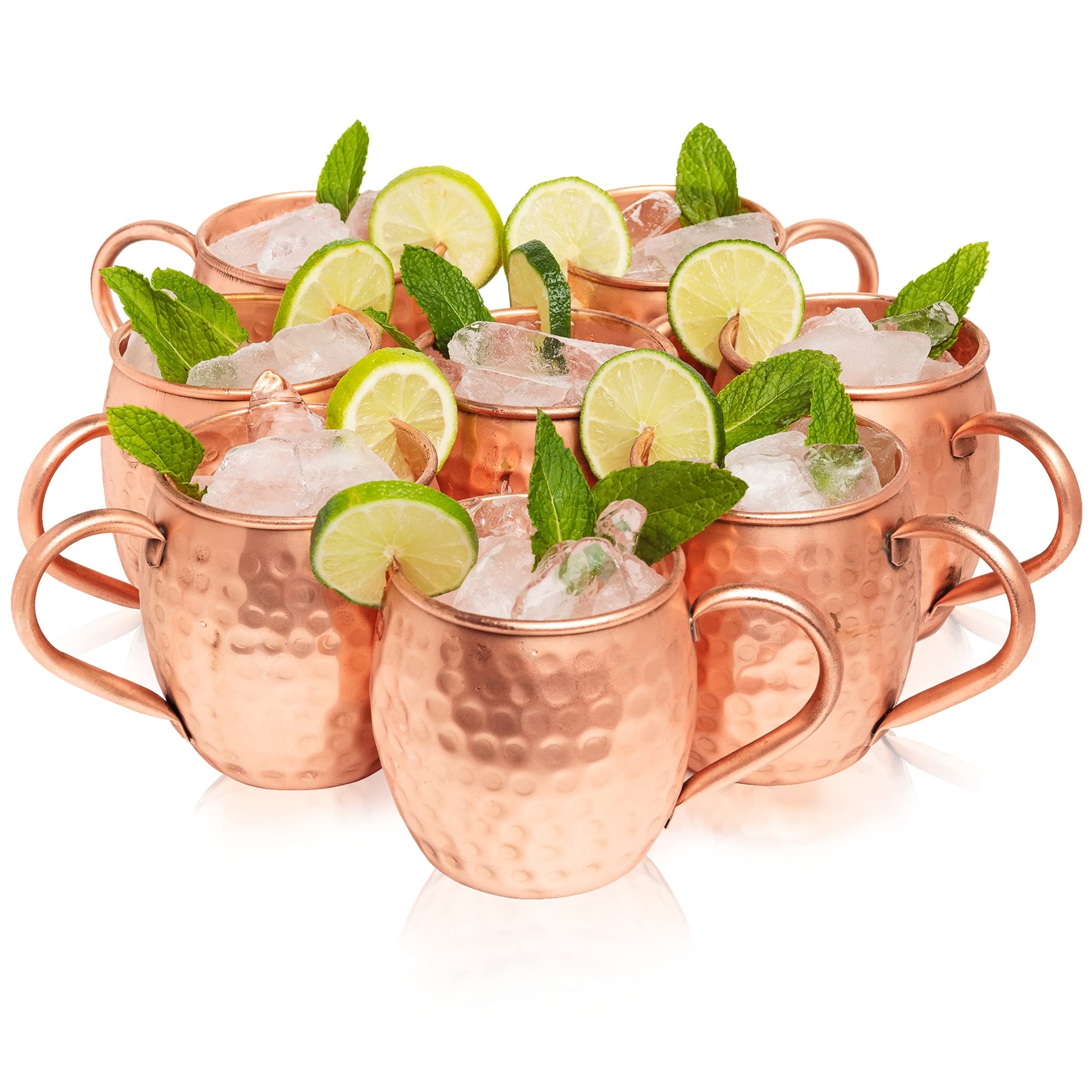 Moscow Mule Copper Mugs Set of 8 (16oz) | Food Grade 100% Pure Copper Cups | Handcrafted w/Lacquered Hammered Finish, Smooth Rounded Lip, Ergonomic Handle (No Rivet) w/Solid Grip