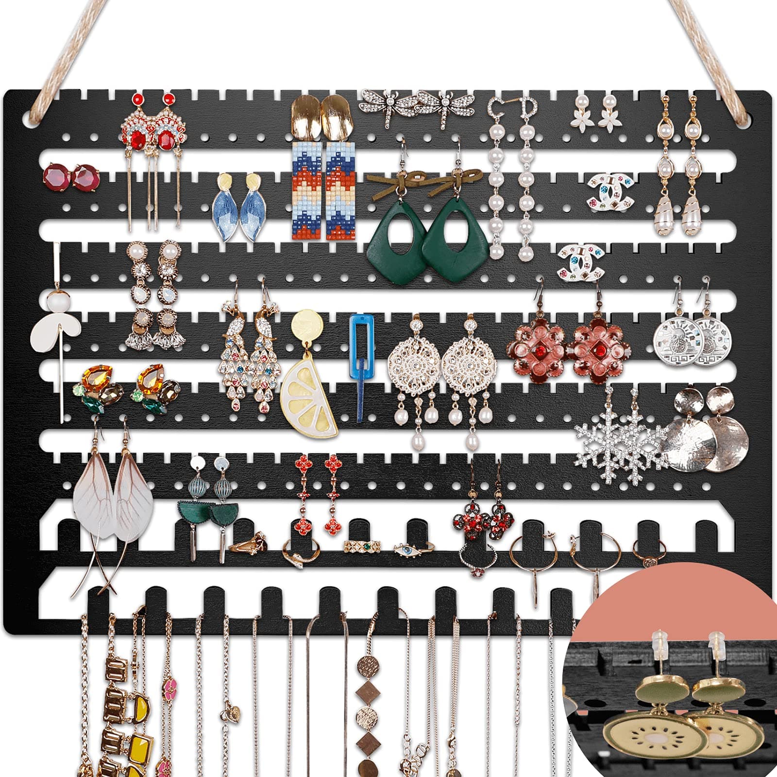 Wooden Jewelry Organizer Wall Mounted, Hanging Jewelry Organizer Earring Organizer Necklace Holder Bracelet Holder Over The Door, Jewelry Holder for Earrings, Necklaces &Rings (Black)