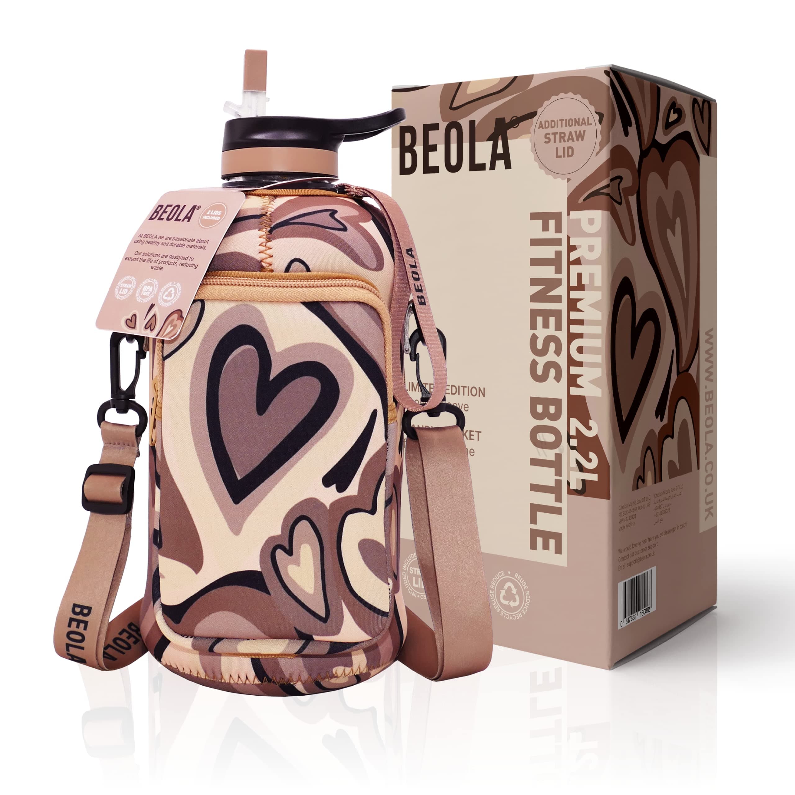 BEOLA 2.2L Half Gallon Water Bottle with STRAW LID and Cooling Sleeve with Phone Storage, BPA Free Large Fitness Sport Bottle Jug with Handle, 74oz (Power Nude)