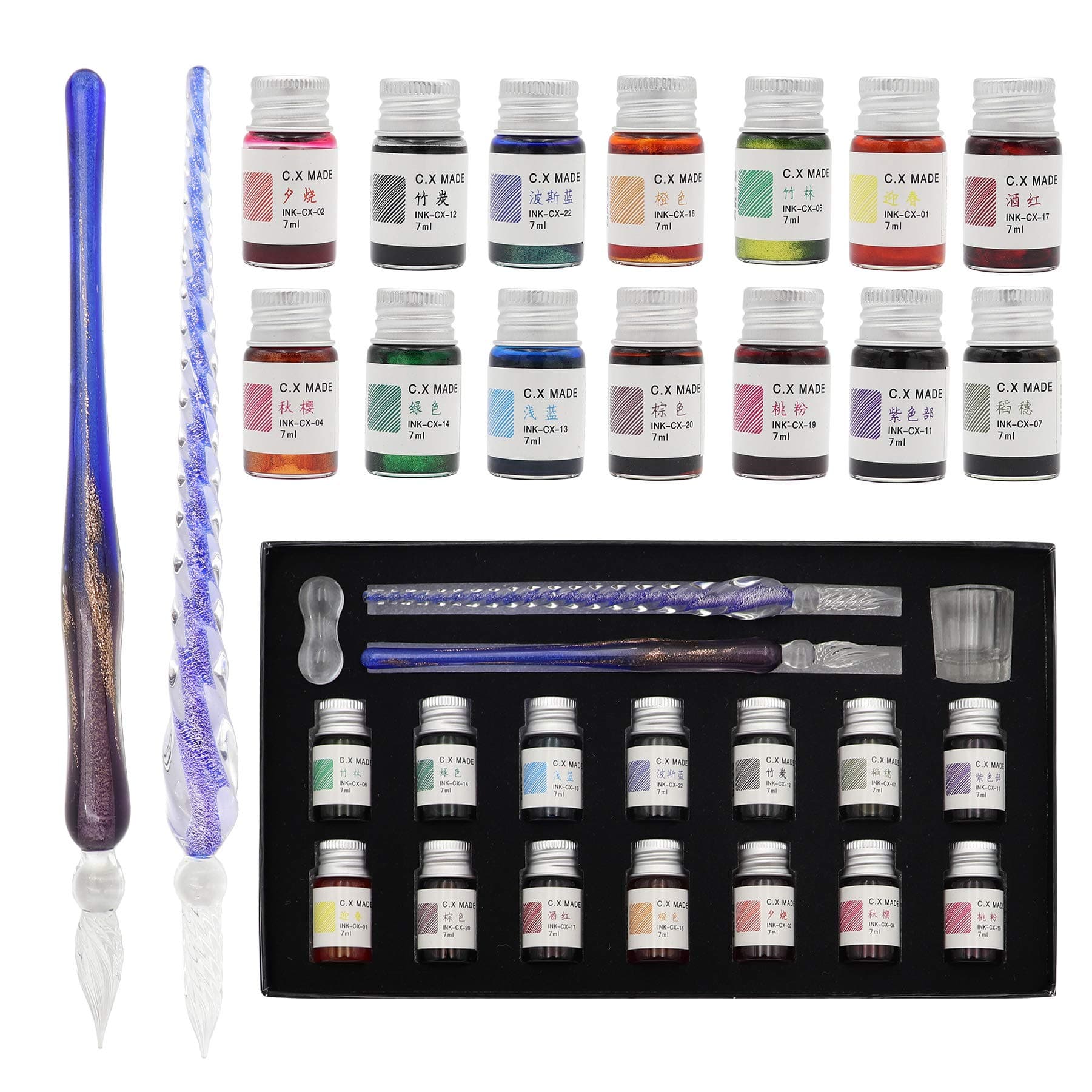 Glass Dip Pen Set, 18-Pieces Calligraphy Pens Set - 14 Color Inks, Pen Holder, Cleaning Cup, 2 Crystal Glass Pens for Art, Writing, Drawing, Signatures, Gift for Kids and Artist