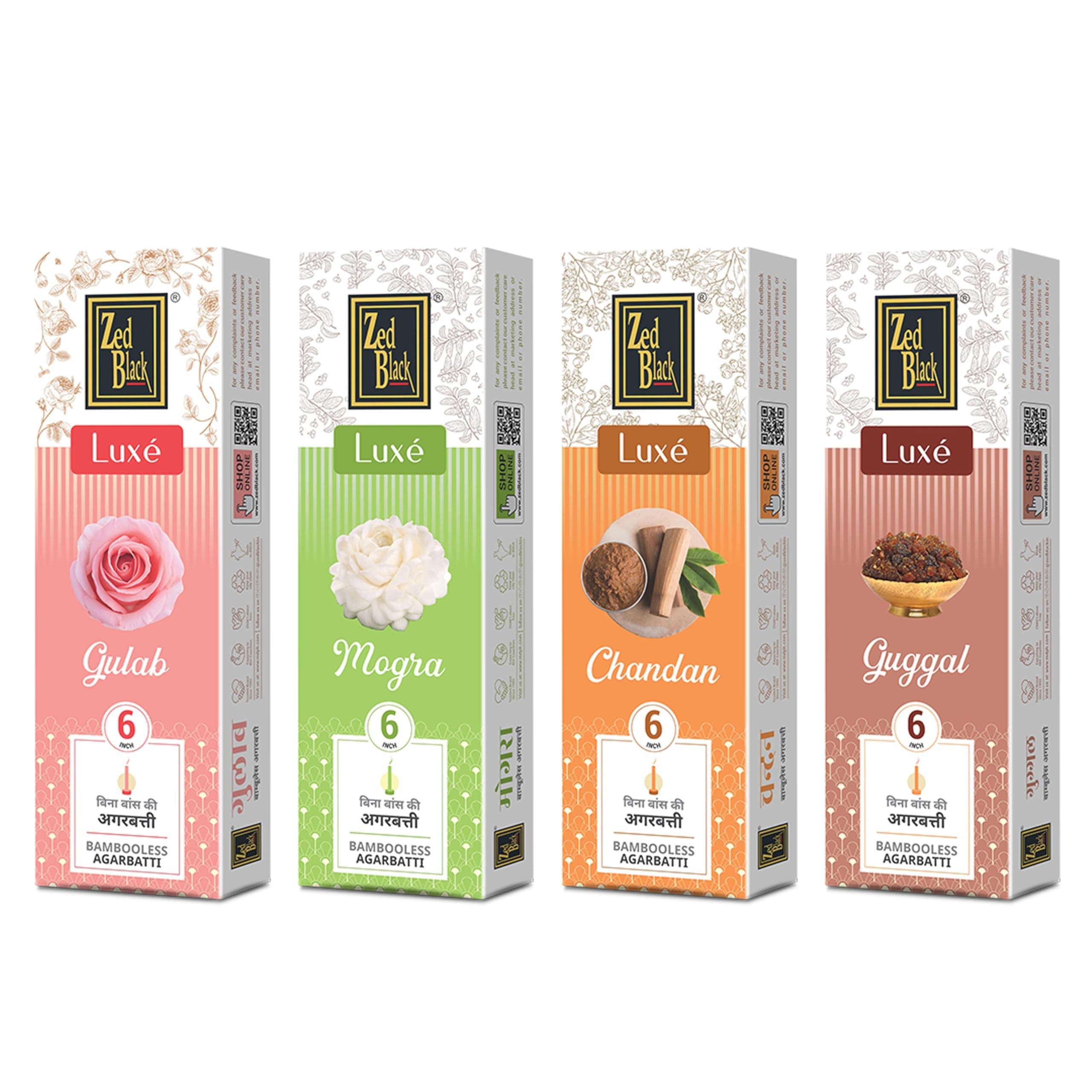 Zed Black Bamboo Less Incense Sticks – Luxe Series - Pack of 4 Incense Sticks, Good Vibes Pack (Approx 70 Agarbatti Sticks | 4 Fragrances -Chandan, Gulab, Guggal and Mogra) (377 GM)